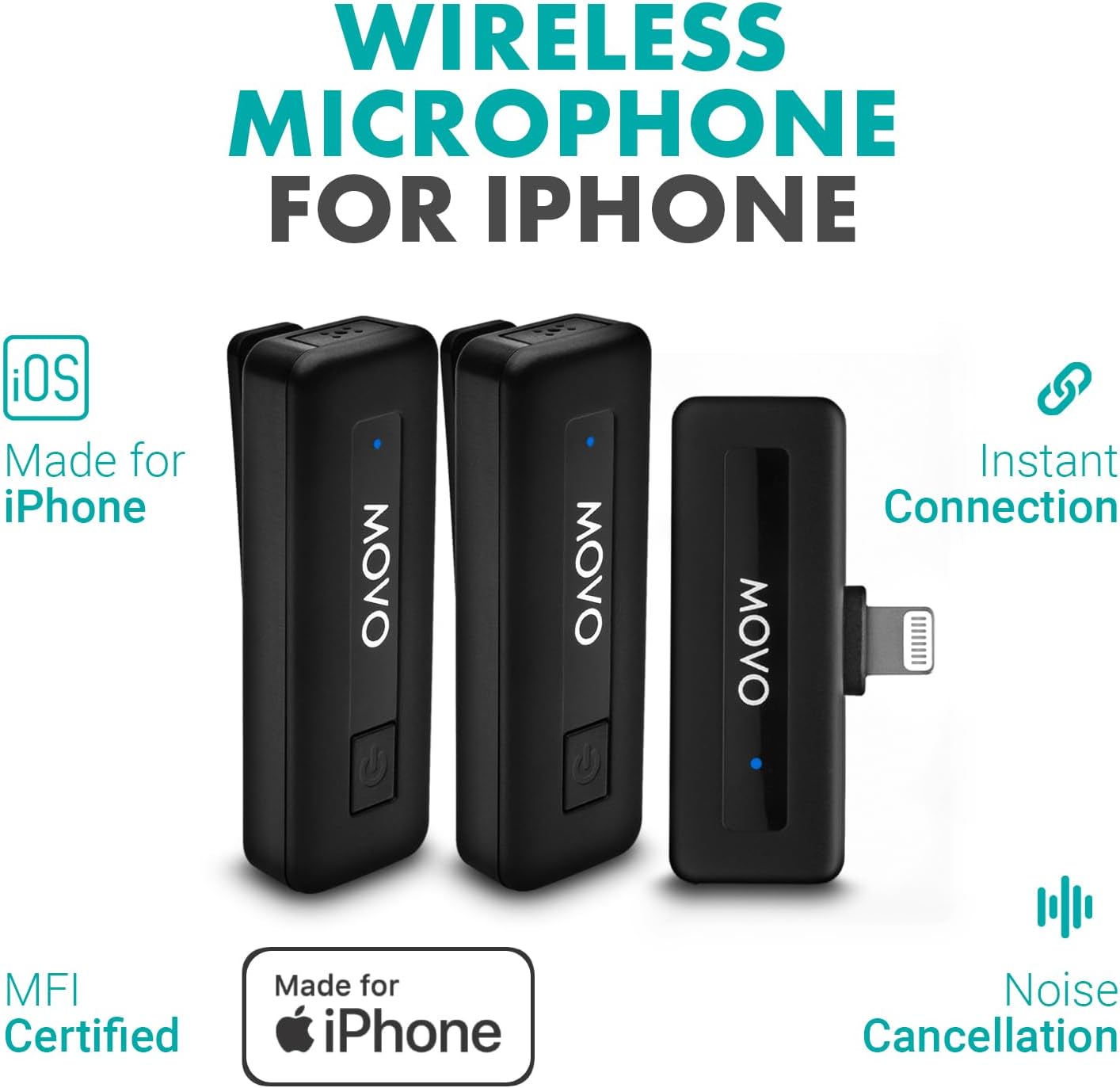 Movo Wireless Mini DI Duo Wireless Microphone for iPhone - Microphone for Video Recording with Clip on Lavalier 10 HR Battery 164FT Range, Wireless Mic for iPhone