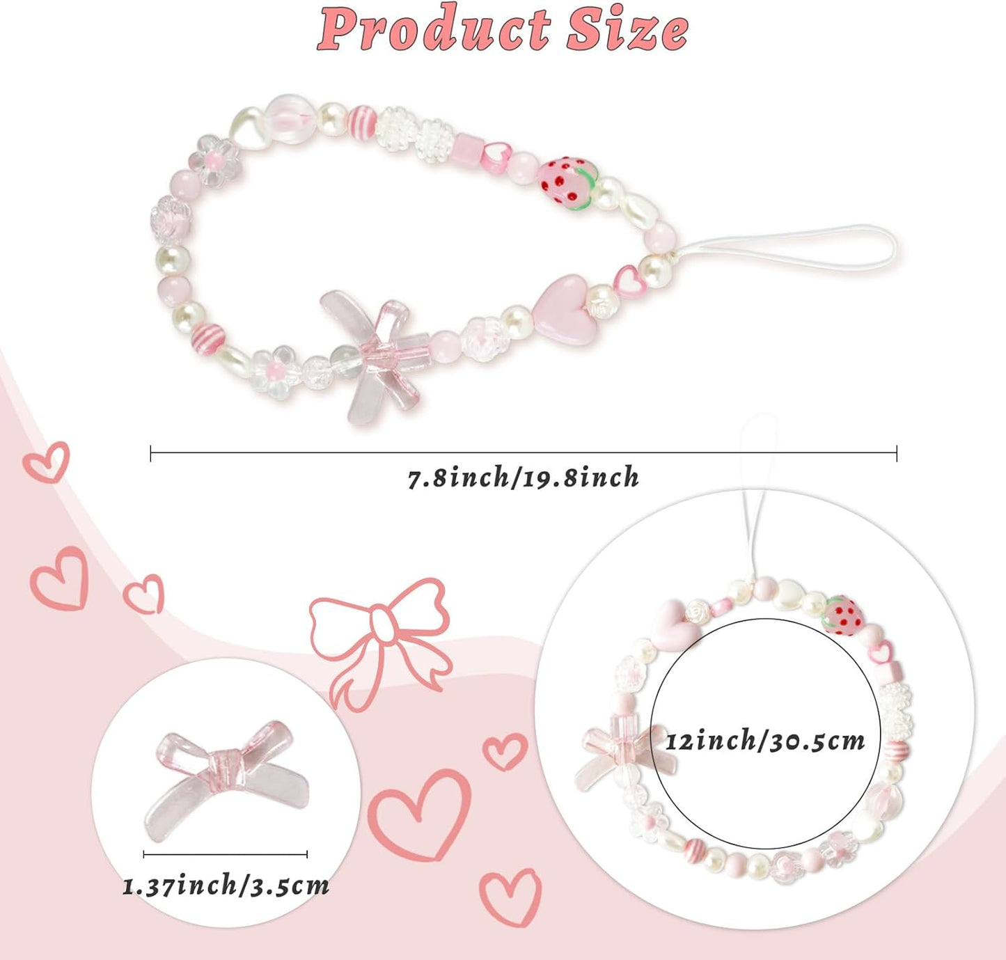 Pink Beaded Phone Wrist Straps, Y2K Phone Case Charms Camera Charm Strap, Lanyard Keychain Wristlet Aesthetic Cellphone Charm