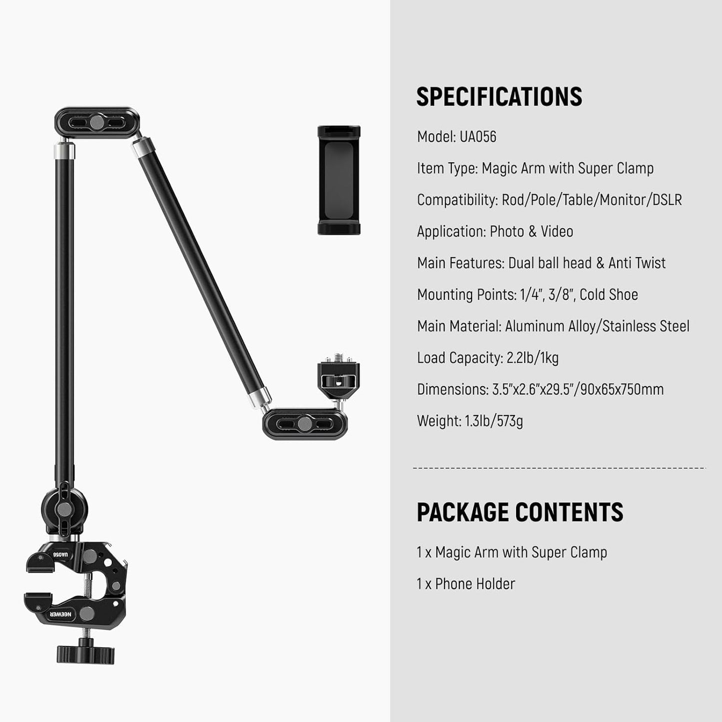 NEEWER 30" Articulating Magic Arm with Super Clamp, Overhead Camera Desk Mount with 1/4" 3/8" Threads for ARRI, Cold Shoe & Phone Holder Compatible with iPhone DSLR Action Camera Video Light, UA056