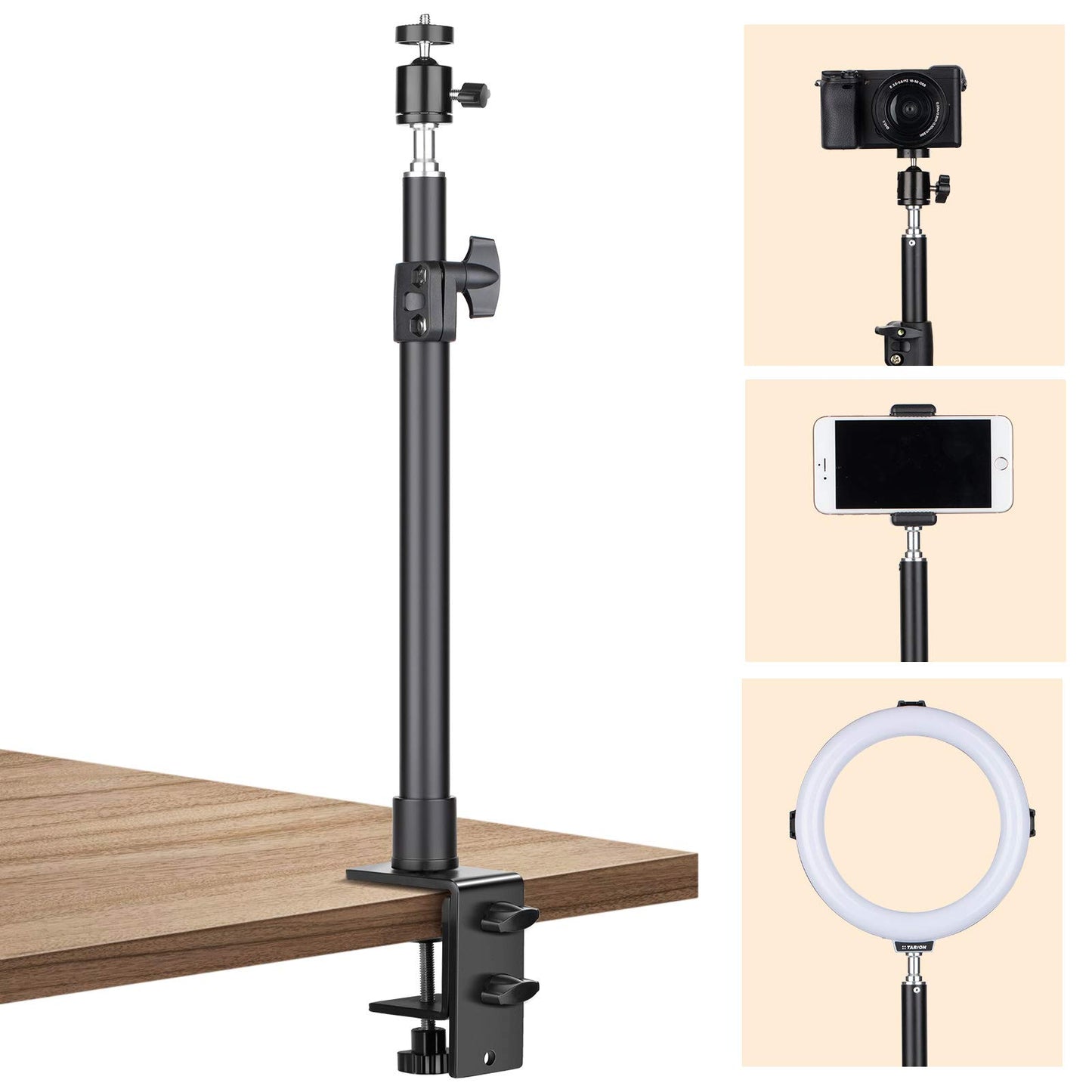 TARION Camera Desk Mount Stand Articulating Camera Arm Flexible Overhead Camera Mount Adjustable Heavy Duty Tabletop DSLR Mount Arm Boom for Flat Photography Videography Filming Live Streaming TKB01