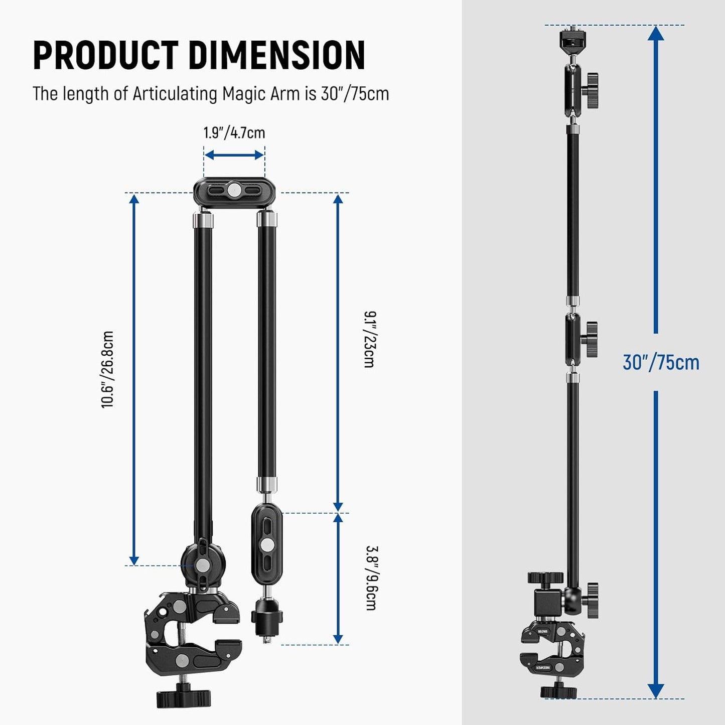 NEEWER 30" Articulating Magic Arm with Super Clamp, Overhead Camera Desk Mount with 1/4" 3/8" Threads for ARRI, Cold Shoe & Phone Holder Compatible with iPhone DSLR Action Camera Video Light, UA056