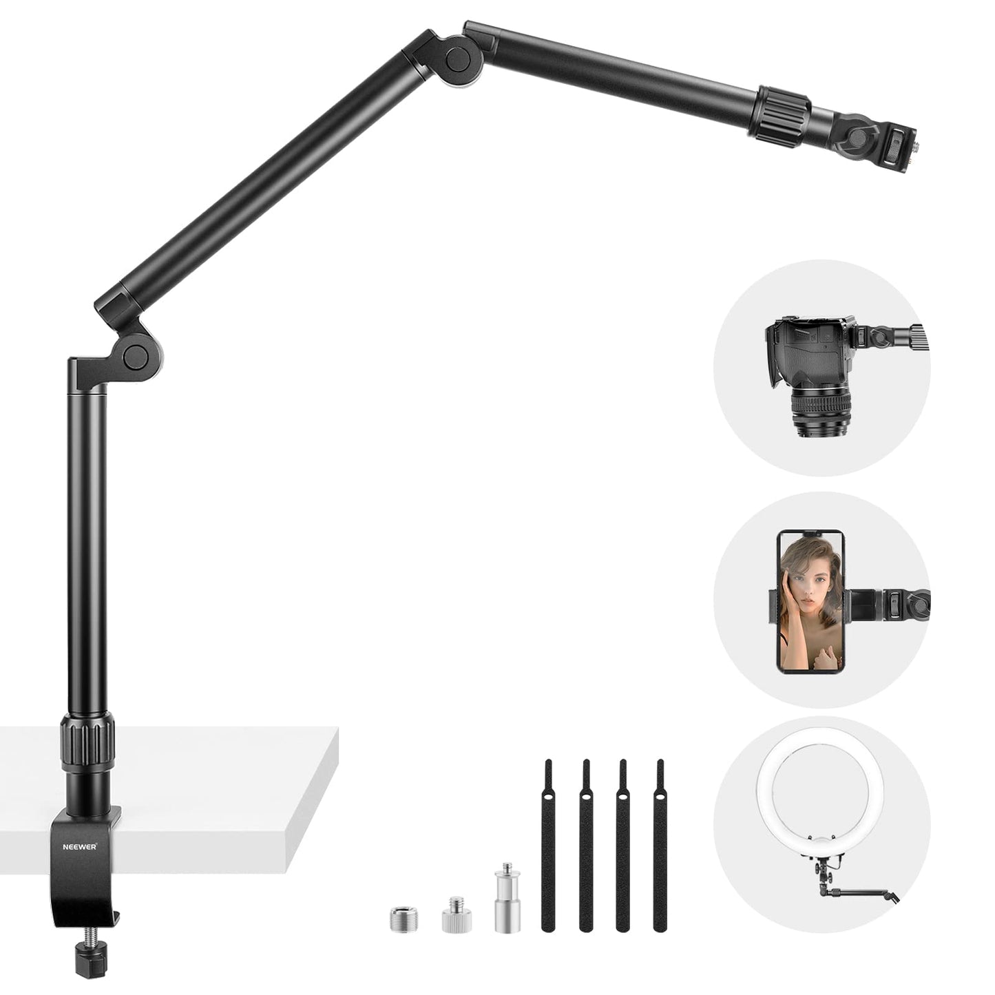 NEEWER Flexible Overhead Camera Mount Desk Stand with Phone Holder, 35.4" Aluminum Alloy Articulating Webcam Stand Arm with C Clamp, Tabletop Mount for Ring Light Camera Smartphone Projector, ST3A