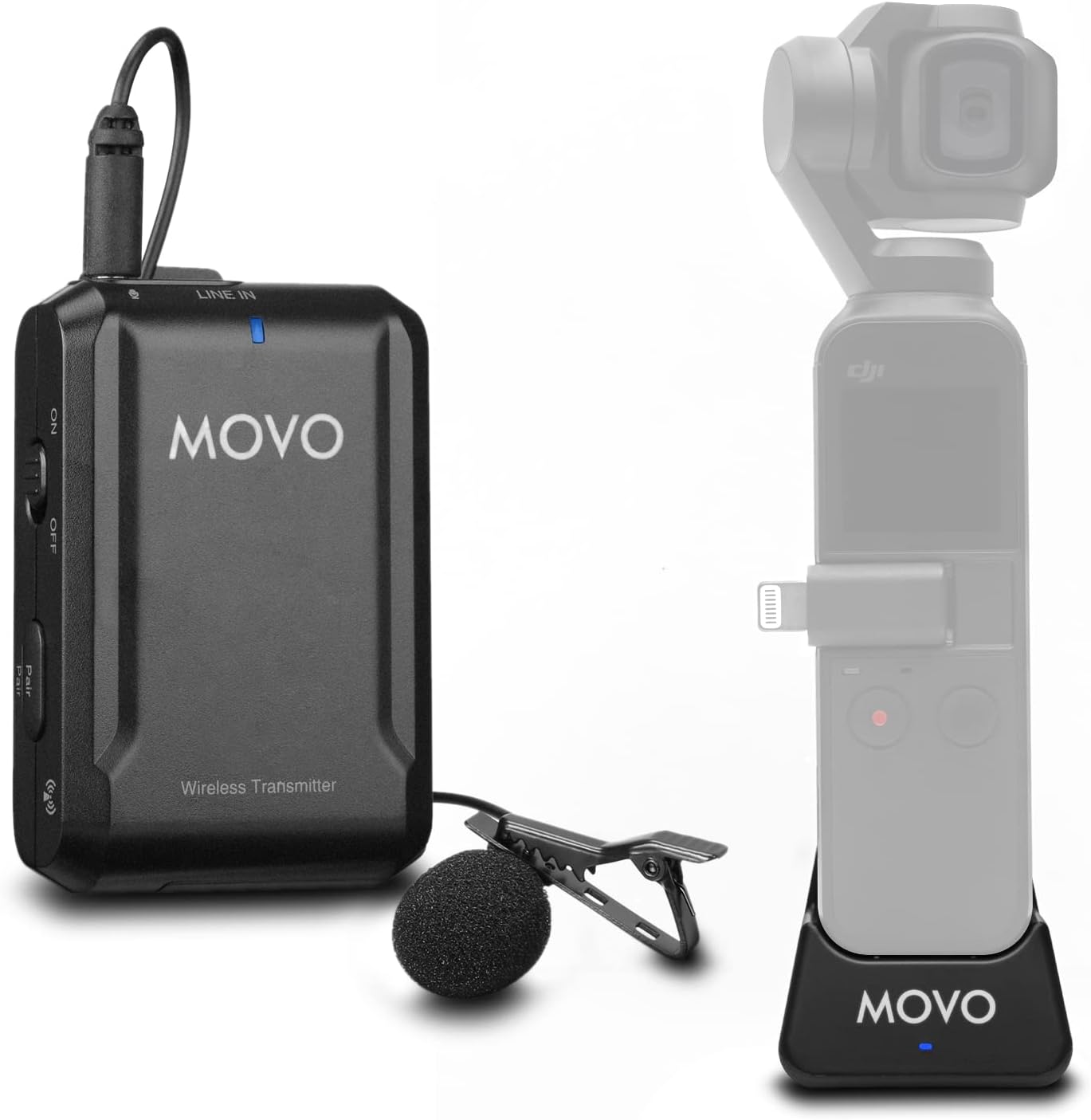 Movo Edge-OP Wireless Lavalier Microphone for Osmo Pocket 1 and 2 - Wireless Clip-on Lapel Mic, Transmitter, and Receiver Set for Video, Vlogging, Filming