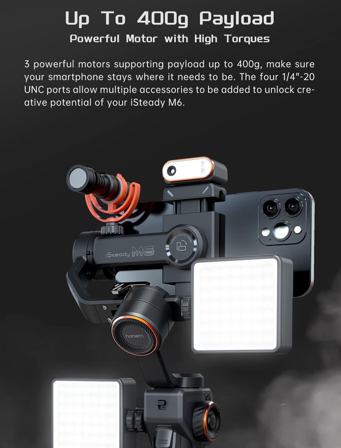 Hohem iSteady M6 Kit Smartphone Gimbal Stabilizer 3-Axis with Magnetic Fill Light/AI Tracking Sensor for iPhone Android with 0.91-inch OLED Display Max Payload 400g