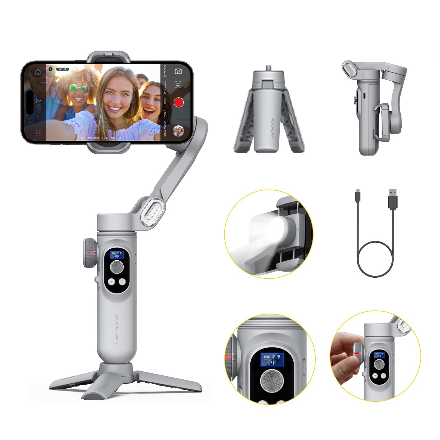 Gimbal Stabilizer for Smartphone with Wireless Charging iPhone Gimbal for iPhone 15 Pro Max/Android Foldable 3-Axis Handheld Phone Stabilizer for Video Recording Face Tracking-Smart X Pro