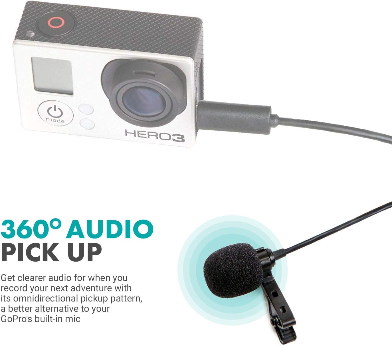 Movo GM100 Clip-on Lavalier Microphone for Compatible with GoPro HERO3, HERO3+ and HERO4 Black, White and Silver Editions - Includes Mic Adapter for Go Pro