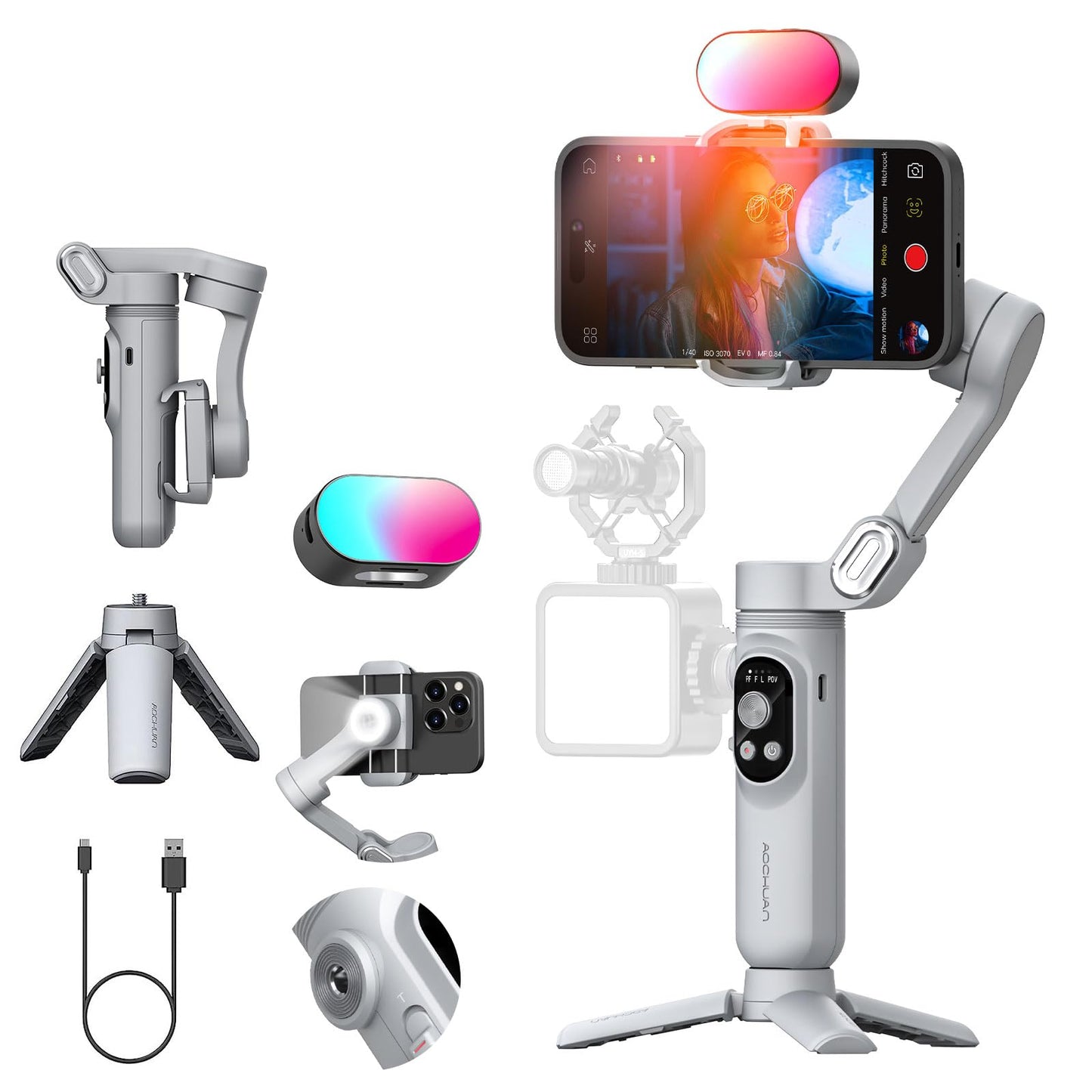 Handheld Gimbal Stabilizer for iPhone 15/14 Android Phone 3-axis Phone Stabilizer for Video Recording Vlogging, Smartphone Gimbal w/RGB Light,AI Tracking for TikTok YouTube(Smart X Kit Black)