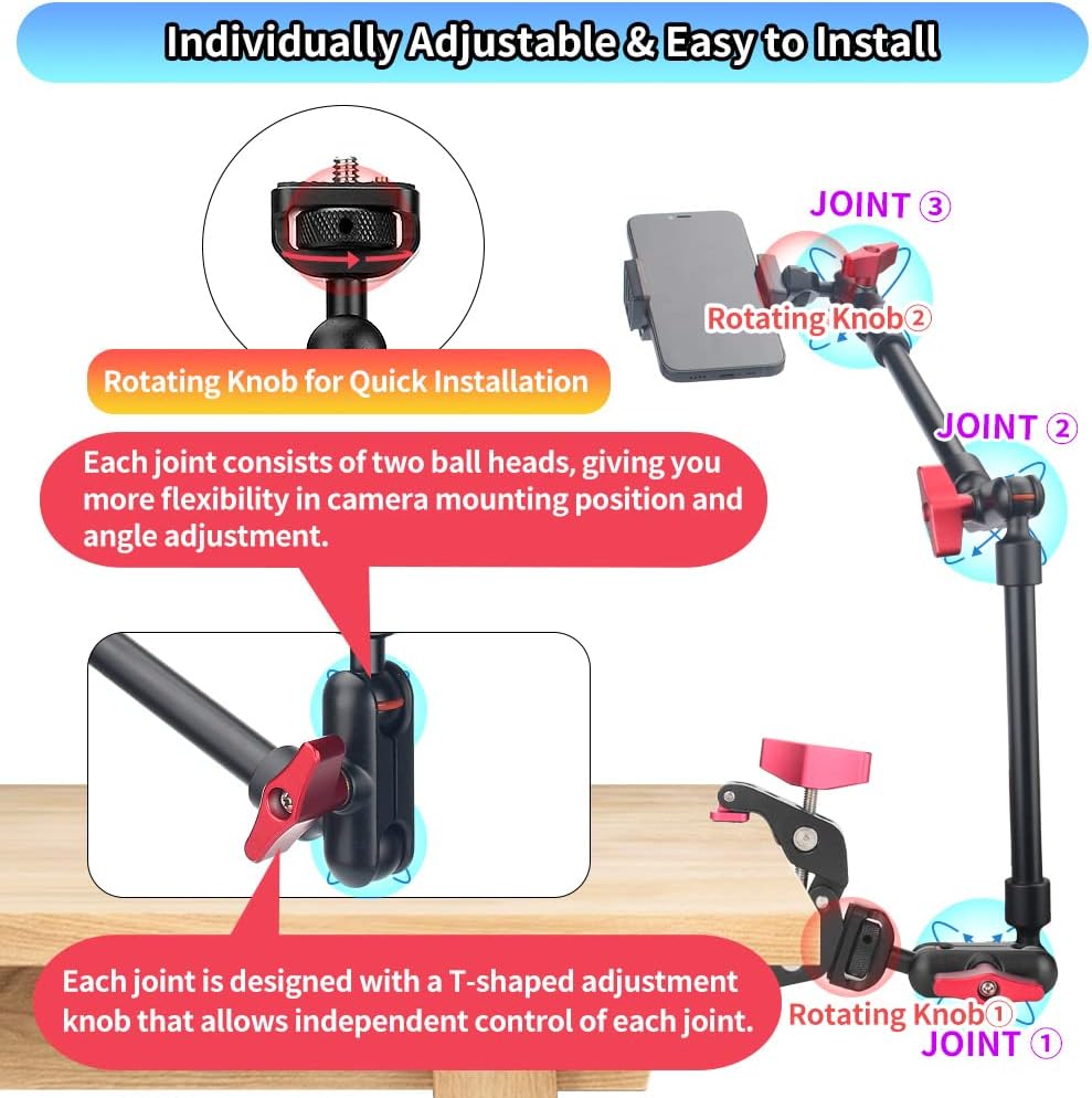 22" Magic Arm w Clamp Camera Mount, Adjustable Articulating Arm Friction Camera Boom Arm Mount Clamp w 1/4" Thread, Overhead Camera Desk Mount Clamp Stand for Tripod Light Webcam Mic Video Rig