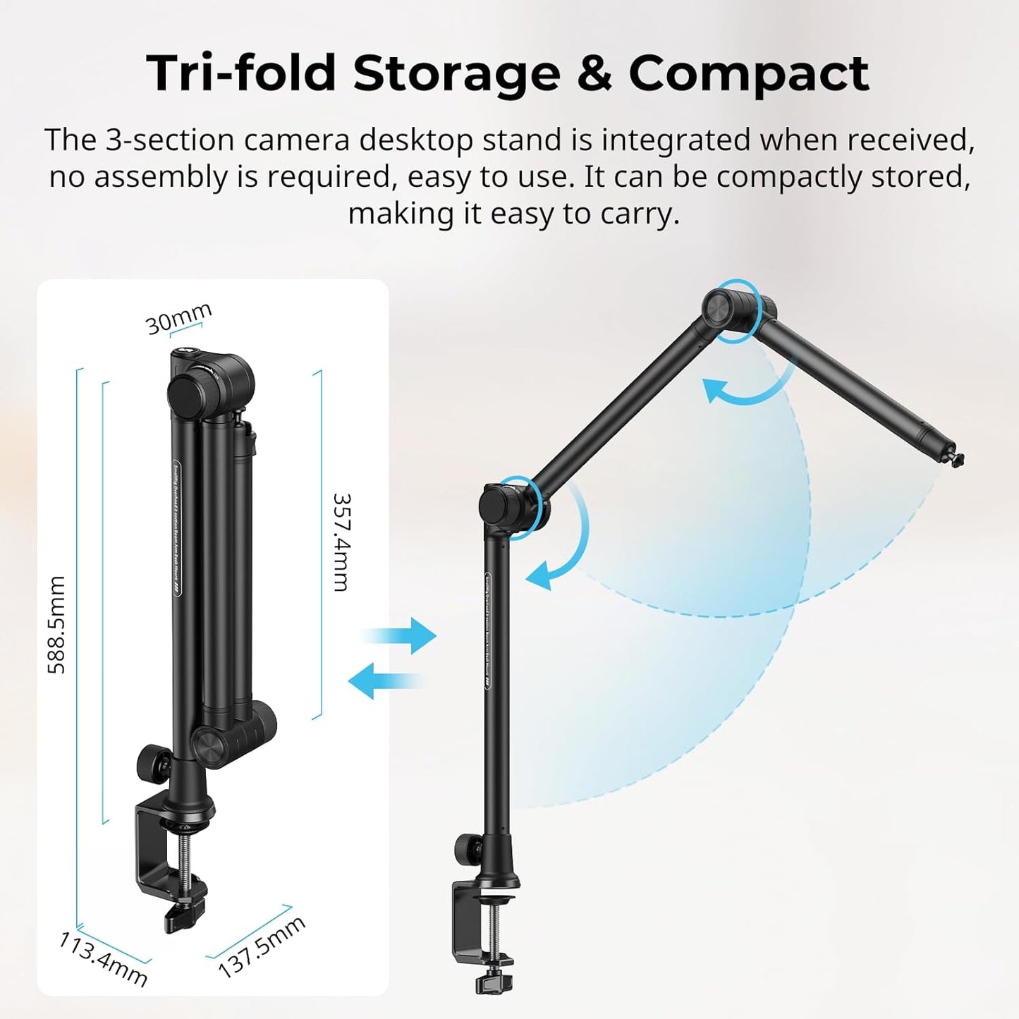 SMALLRIG Overhead 3-Section Desktop Camera Bracket, Damping Boom Arm Desk Mount with 360 Rotatable Ball Head, Tabletop C Clamp, Max Load to 4.4lbs / 2kg for Photography Videography Live Stream