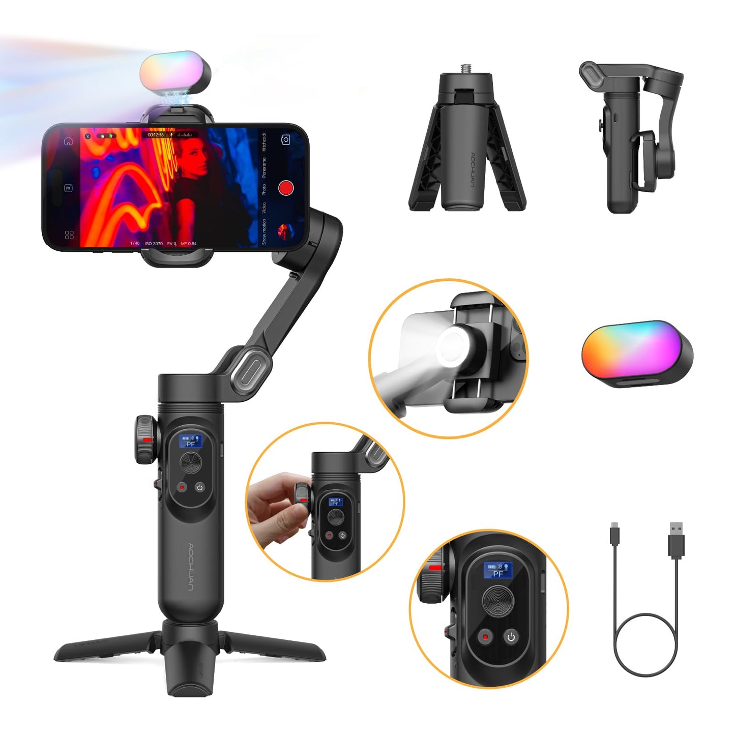 Gimbal Stabilizer for Smartphone with Wireless Charging iPhone Gimbal for iPhone 15 Pro Max/Android Foldable 3-Axis Handheld Phone Stabilizer for Video Recording Face Tracking-Smart X Pro