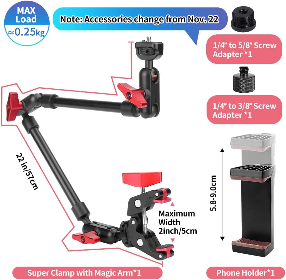 22" Magic Arm w Clamp Camera Mount, Adjustable Articulating Arm Friction Camera Boom Arm Mount Clamp w 1/4" Thread, Overhead Camera Desk Mount Clamp Stand for Tripod Light Webcam Mic Video Rig