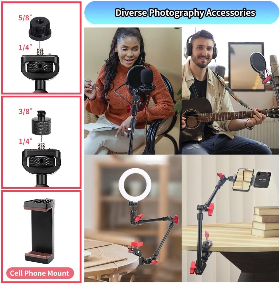 22" Magic Arm w Clamp Camera Mount, Adjustable Articulating Arm Friction Camera Boom Arm Mount Clamp w 1/4" Thread, Overhead Camera Desk Mount Clamp Stand for Tripod Light Webcam Mic Video Rig