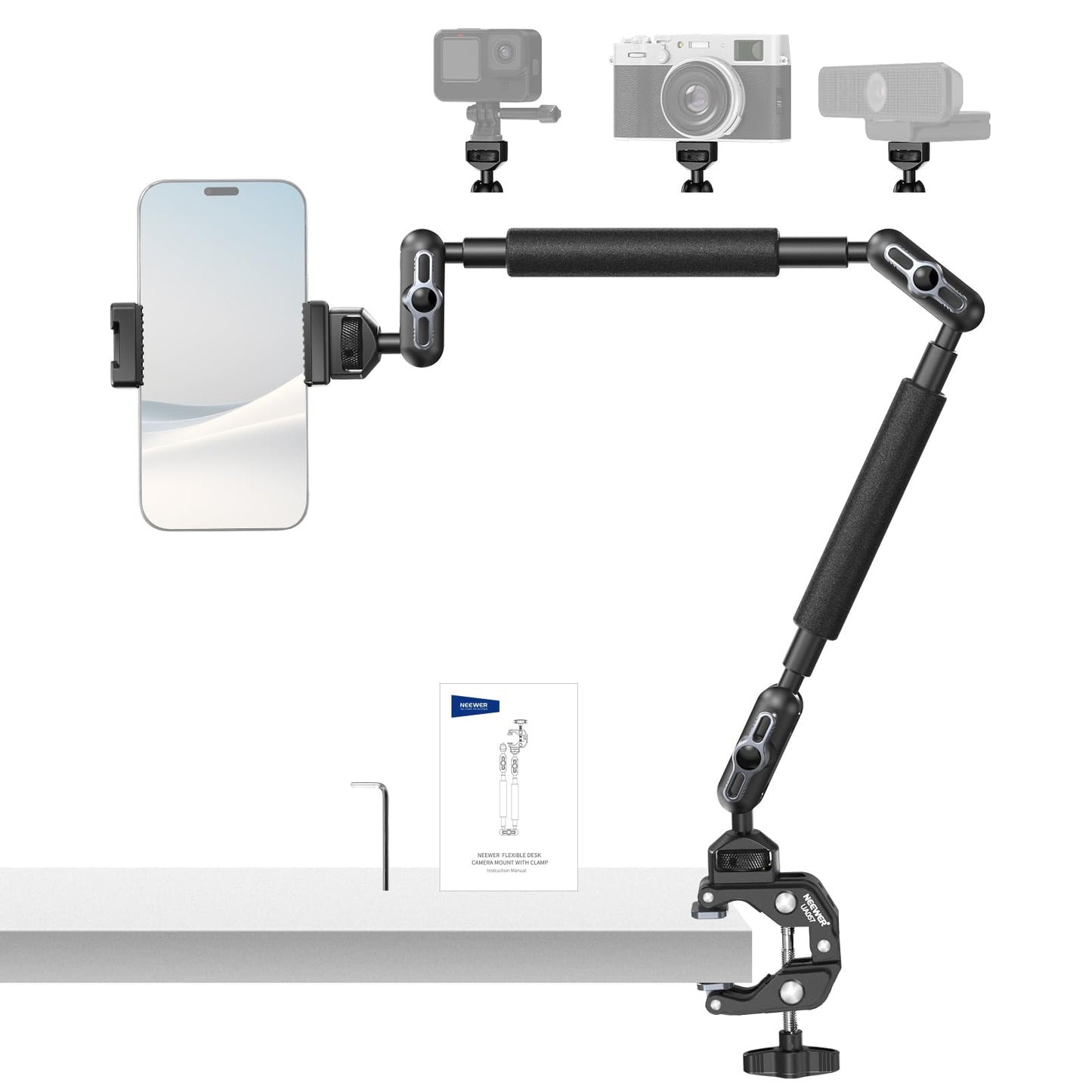 NEEWER 30" Articulating Magic Arm with Super Clamp, Overhead Camera Desk Mount with 1/4" 3/8" Threads for ARRI, Cold Shoe & Phone Holder Compatible with iPhone DSLR Action Camera Video Light, UA056