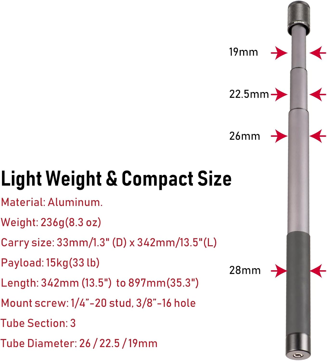 Gimbal Extension Pole,Lightweight and Strong 3 Section Camera Extension Pole Universal Compatible with Digtital Camera iPhone Smartphone Gimbal Stabilizer Camera Pole, Grey and Black
