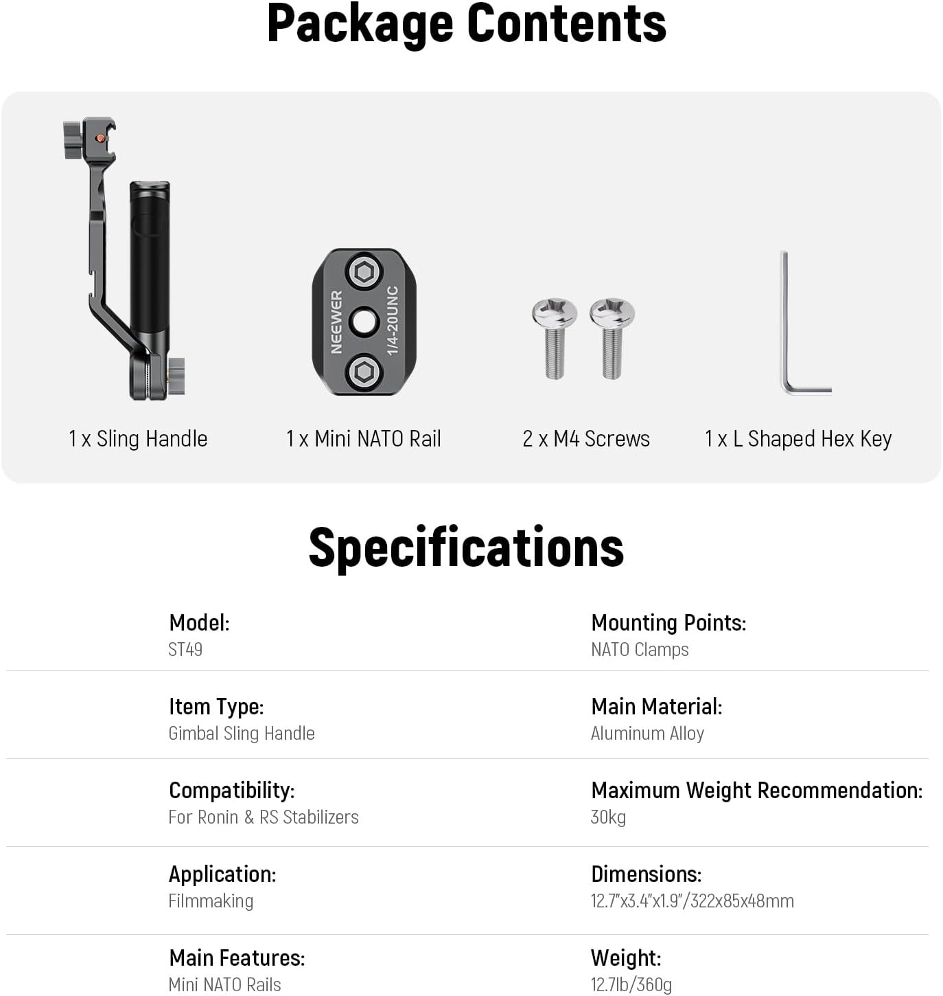 NEEWER RS4 RS3 Adjustable Gimbal Sling Handle Grip with NATO Rail, Compatible with DJI RS4 RS4 Pro RS3 RS3 Pro RS3 Mini RS2 RSC2 Ronin-S Ronin-SC for Low Angle Shot, Max Load 13.2lb, ST49