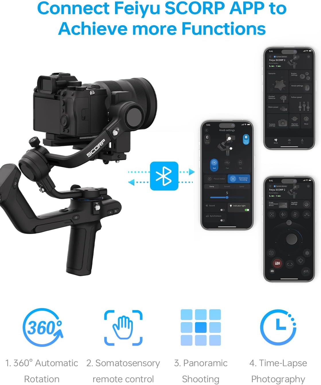 FeiyuTech Official SCORP 2 Gimbal Stabilizer for Camera,3-Axis Gimbal Stabilizer for Canon/Sony/Panasonic/Nikon/Fujifilm,5.51lb Payload,Built-in AI Tracking Module,Bluetooth/Cable Control, STD KIT