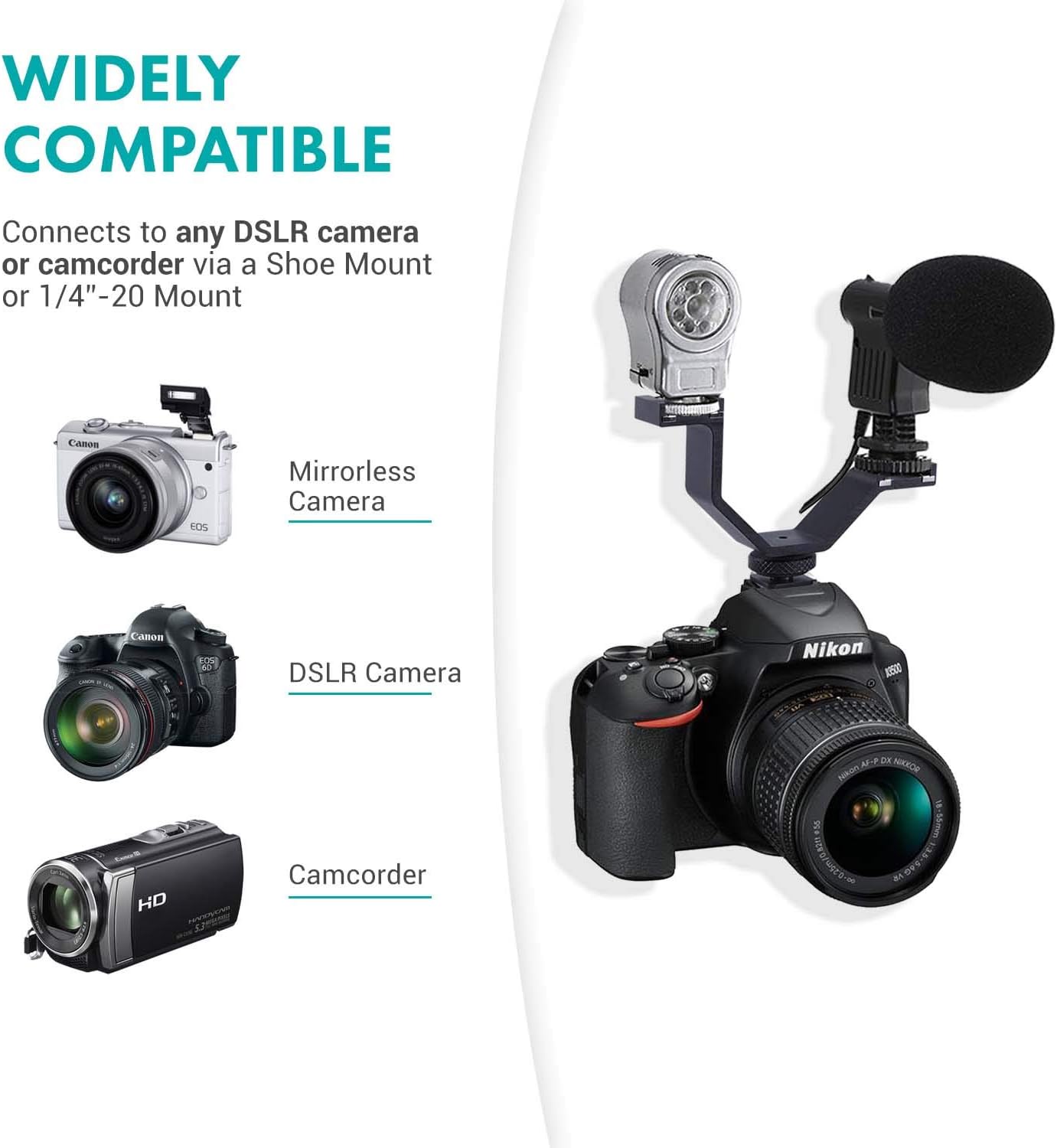Movo HVA20 DSLR Camera Dual Cold Shoe Mount Bracket for Lights, Monitors, Microphones and other Camera Accessories