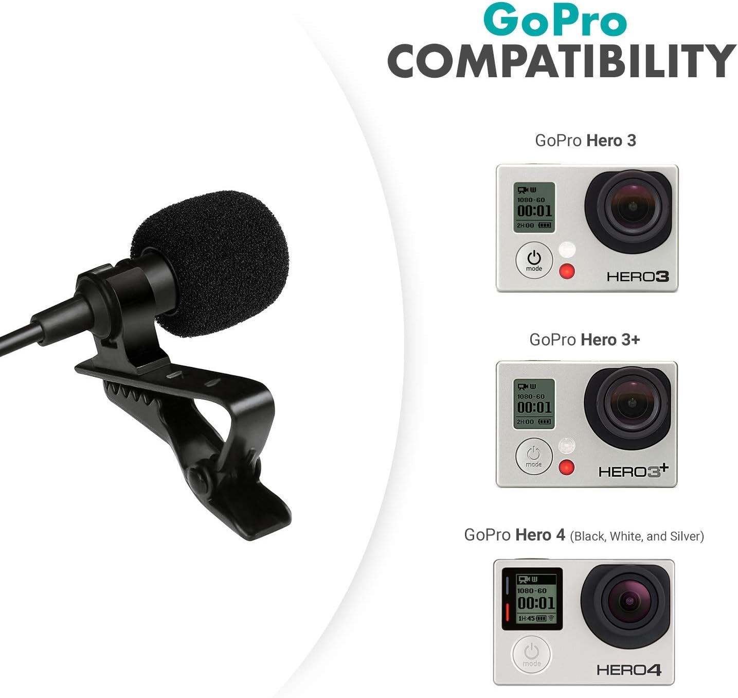 Movo GM100 Clip-on Lavalier Microphone for Compatible with GoPro HERO3, HERO3+ and HERO4 Black, White and Silver Editions - Includes Mic Adapter for Go Pro