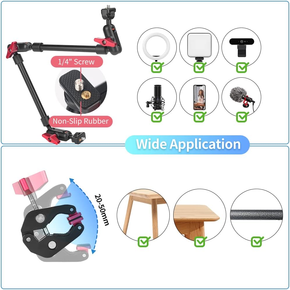 22" Magic Arm w Clamp Camera Mount, Adjustable Articulating Arm Friction Camera Boom Arm Mount Clamp w 1/4" Thread, Overhead Camera Desk Mount Clamp Stand for Tripod Light Webcam Mic Video Rig
