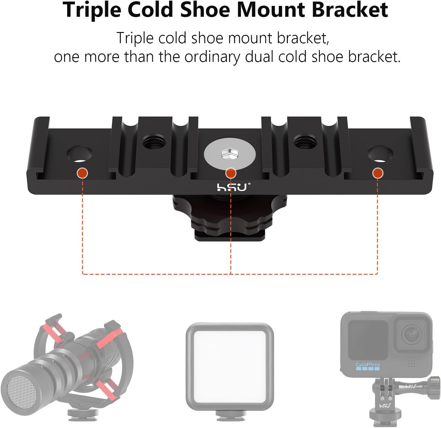 HSU Cold Shoe Mount Bracket, Triple-Head Hot Shoe Mount, 1/4 Screw Port, Aluminum Cold Shoe Plate Adapter with Cable Slot Bayonet for Microphone, Led Video Light, Monitor