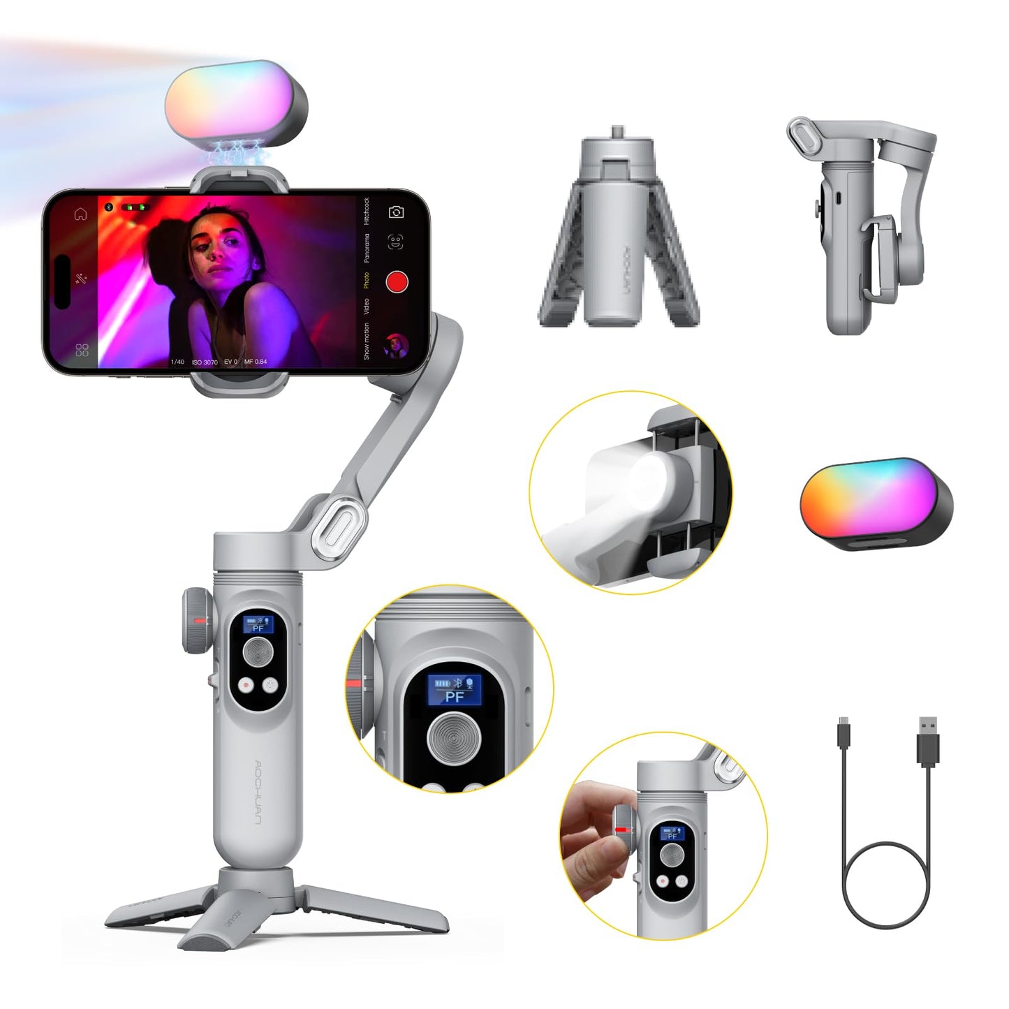 Gimbal Stabilizer for Smartphone with Wireless Charging iPhone Gimbal for iPhone 15 Pro Max/Android Foldable 3-Axis Handheld Phone Stabilizer for Video Recording Face Tracking-Smart X Pro