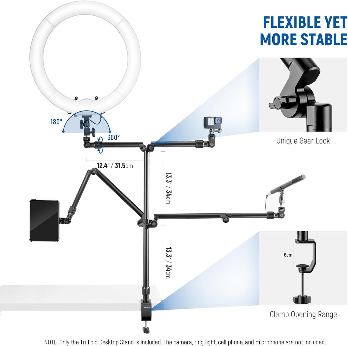 NEEWER Flexible Overhead Camera Mount Desk Stand with Phone Holder, 35.4" Aluminum Alloy Articulating Webcam Stand Arm with C Clamp, Tabletop Mount for Ring Light Camera Smartphone Projector, ST3A
