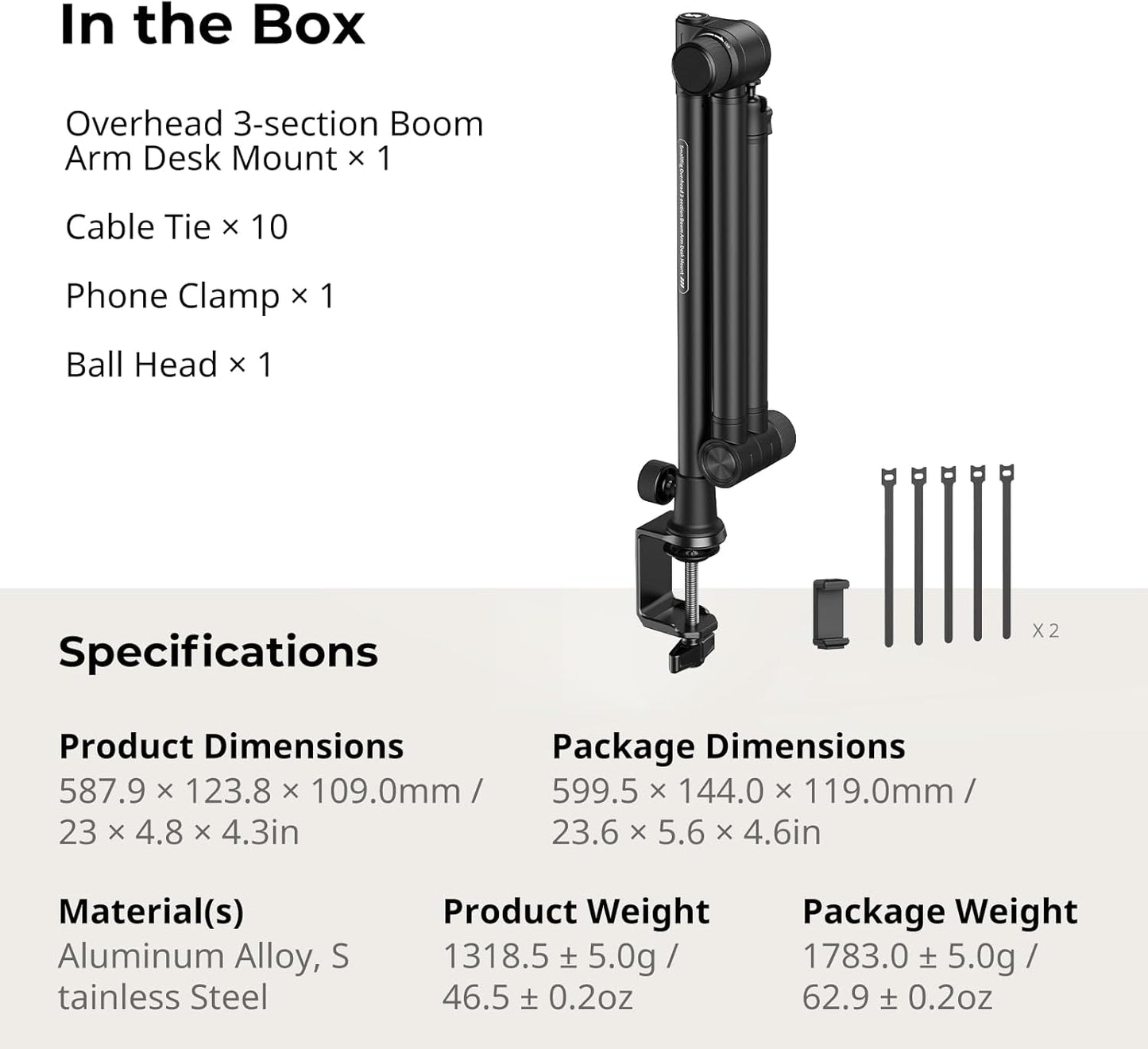 SMALLRIG Overhead 3-Section Desktop Camera Bracket, Damping Boom Arm Desk Mount with 360 Rotatable Ball Head, Tabletop C Clamp, Max Load to 4.4lbs / 2kg for Photography Videography Live Stream