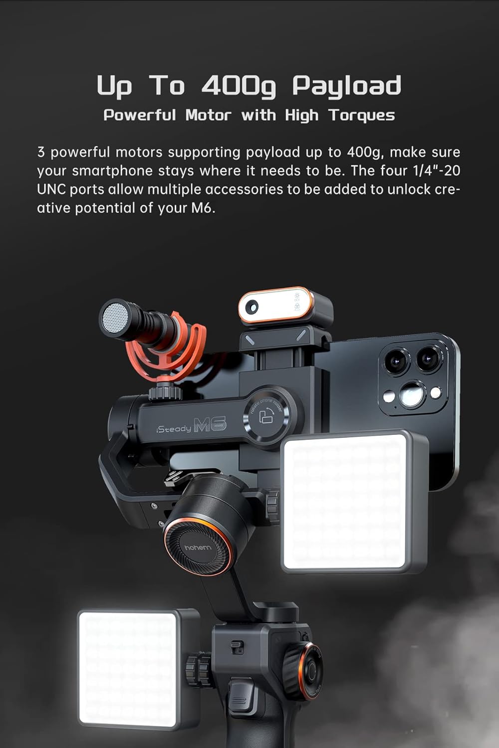 Hohem iSteady M6 Gimbal Stabilizer for Smartphone, 3-Axis Cell Phone Stabilizer Built-in OLED Display 400g Payload Reverse Charging Android and iPhone Gimbal with Inception Motion Timelapse