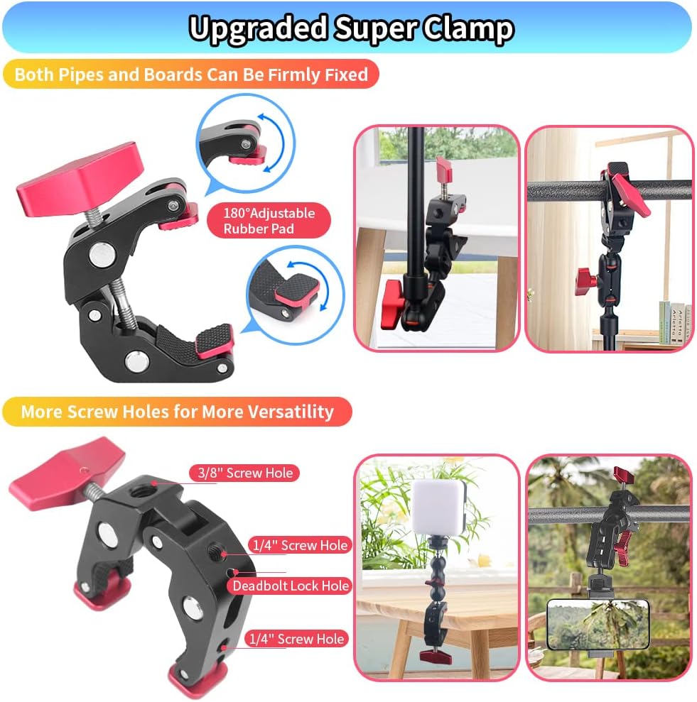22" Magic Arm w Clamp Camera Mount, Adjustable Articulating Arm Friction Camera Boom Arm Mount Clamp w 1/4" Thread, Overhead Camera Desk Mount Clamp Stand for Tripod Light Webcam Mic Video Rig