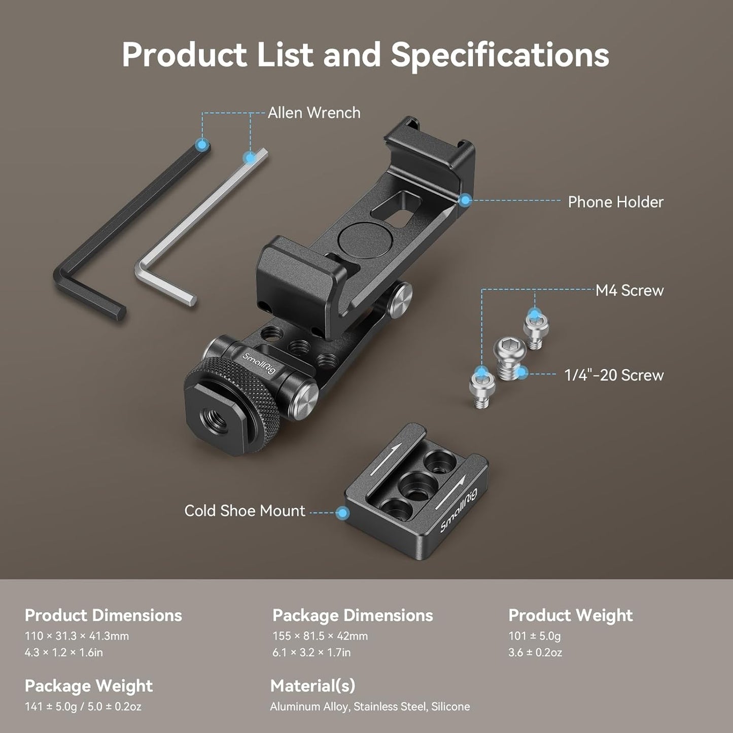 SmallRig Phone Support for DJI Stabilizers, Adjustment Phone Mount Adapter with 1/4"-20 Threaded Hole, Cold Shoe for DJI RS 4 Mini/RS 4 Pro/RS 3 /RS 3 Pro/RS 3 Mini/RS 2 / RS C2 / R S/R SC - 4301
