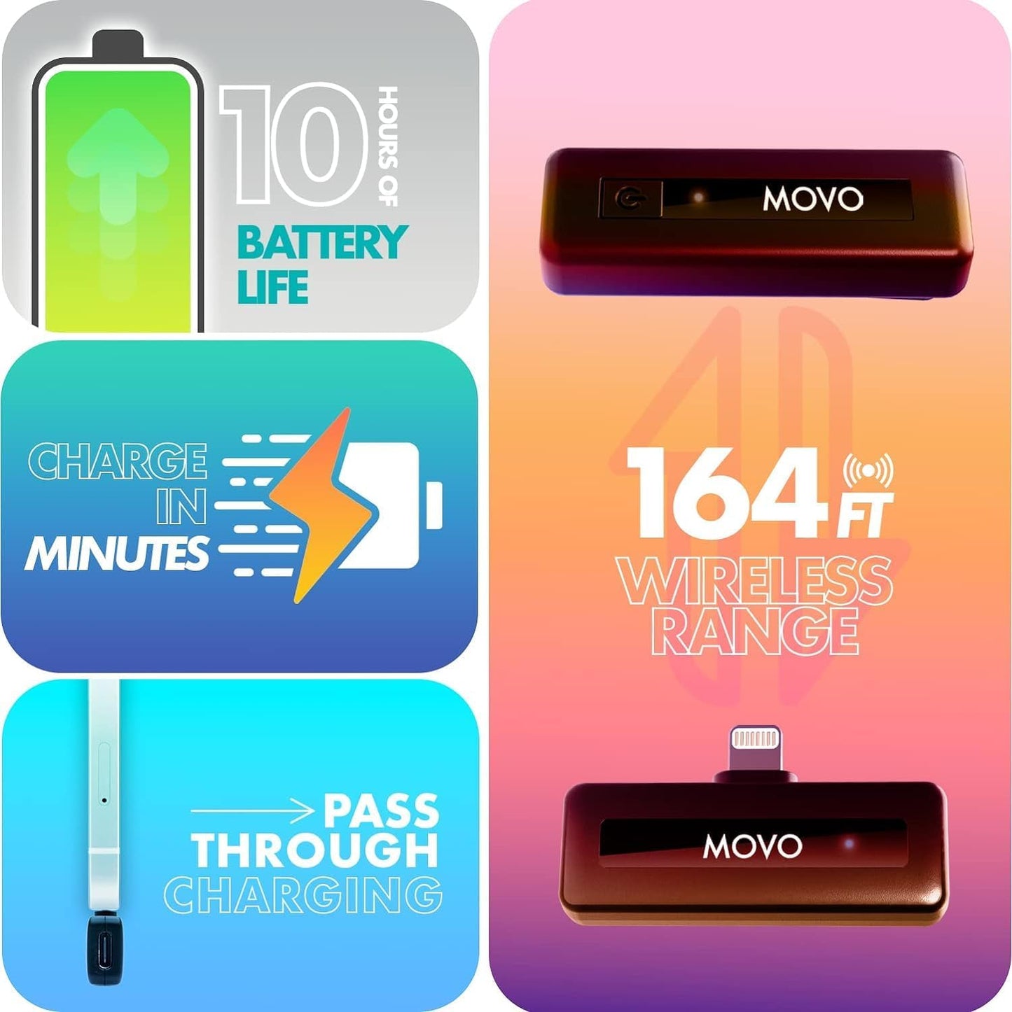 Movo Wireless Mini DI Duo Wireless Microphone for iPhone - Microphone for Video Recording with Clip on Lavalier 10 HR Battery 164FT Range, Wireless Mic for iPhone
