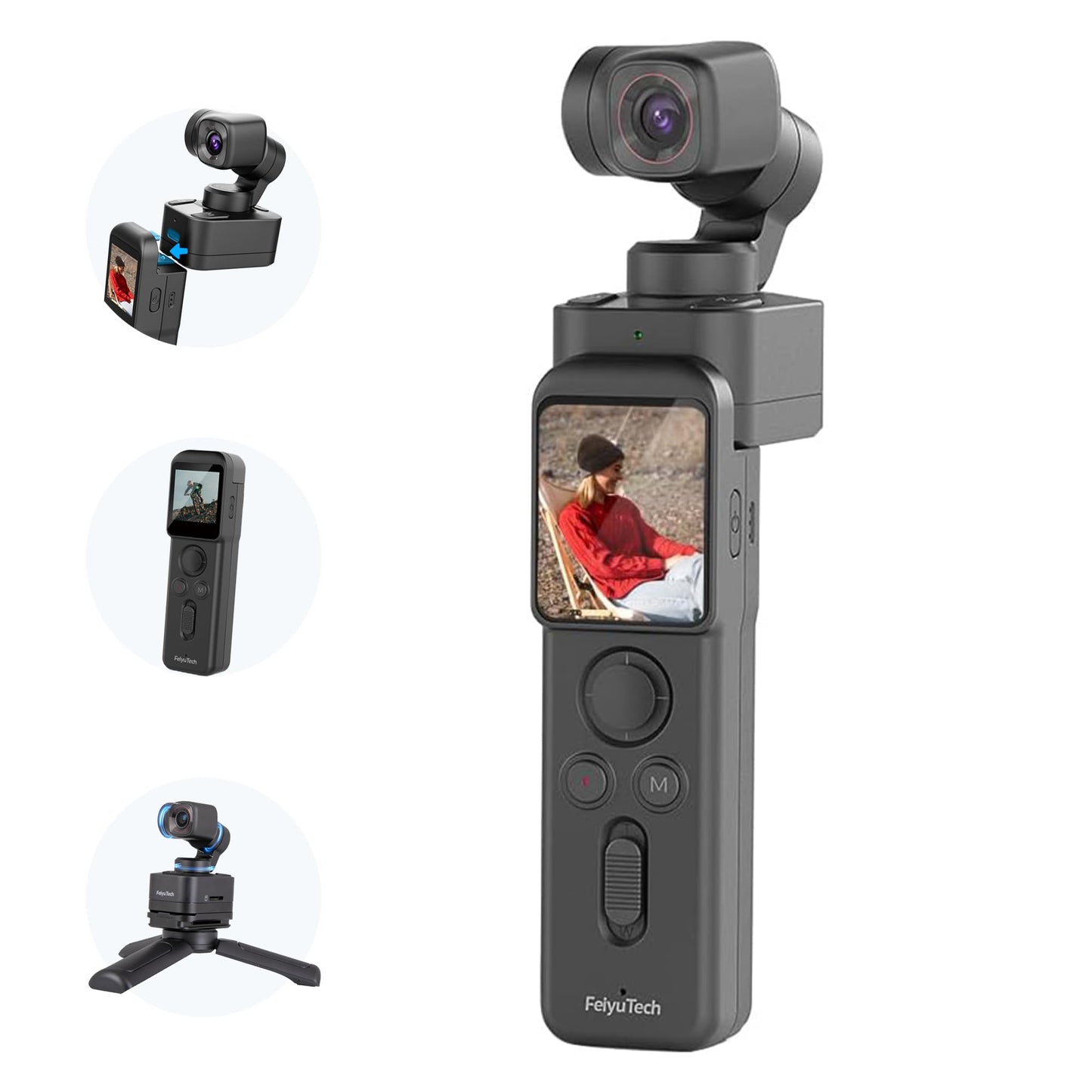 Feiyu Pocket 3 Cordless Detachable 3-Axis Gimbal Camera with Zoom - 1/2.3" CMOS,130°FOV,4K 60FPS,AI Tracking, Portable Camera Stabilizer for Video Recording,Extreme Sport/Riding/Car/Travel