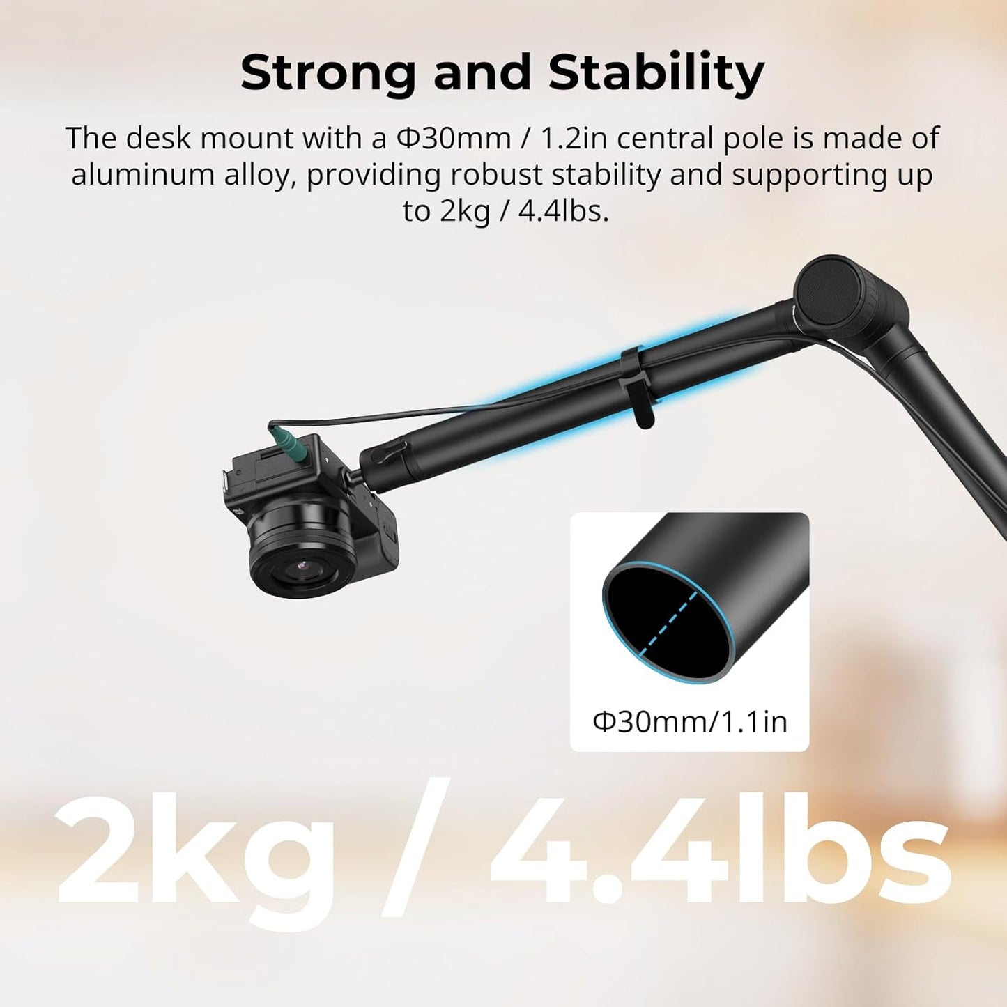 SMALLRIG Overhead 3-Section Desktop Camera Bracket, Damping Boom Arm Desk Mount with 360 Rotatable Ball Head, Tabletop C Clamp, Max Load to 4.4lbs / 2kg for Photography Videography Live Stream