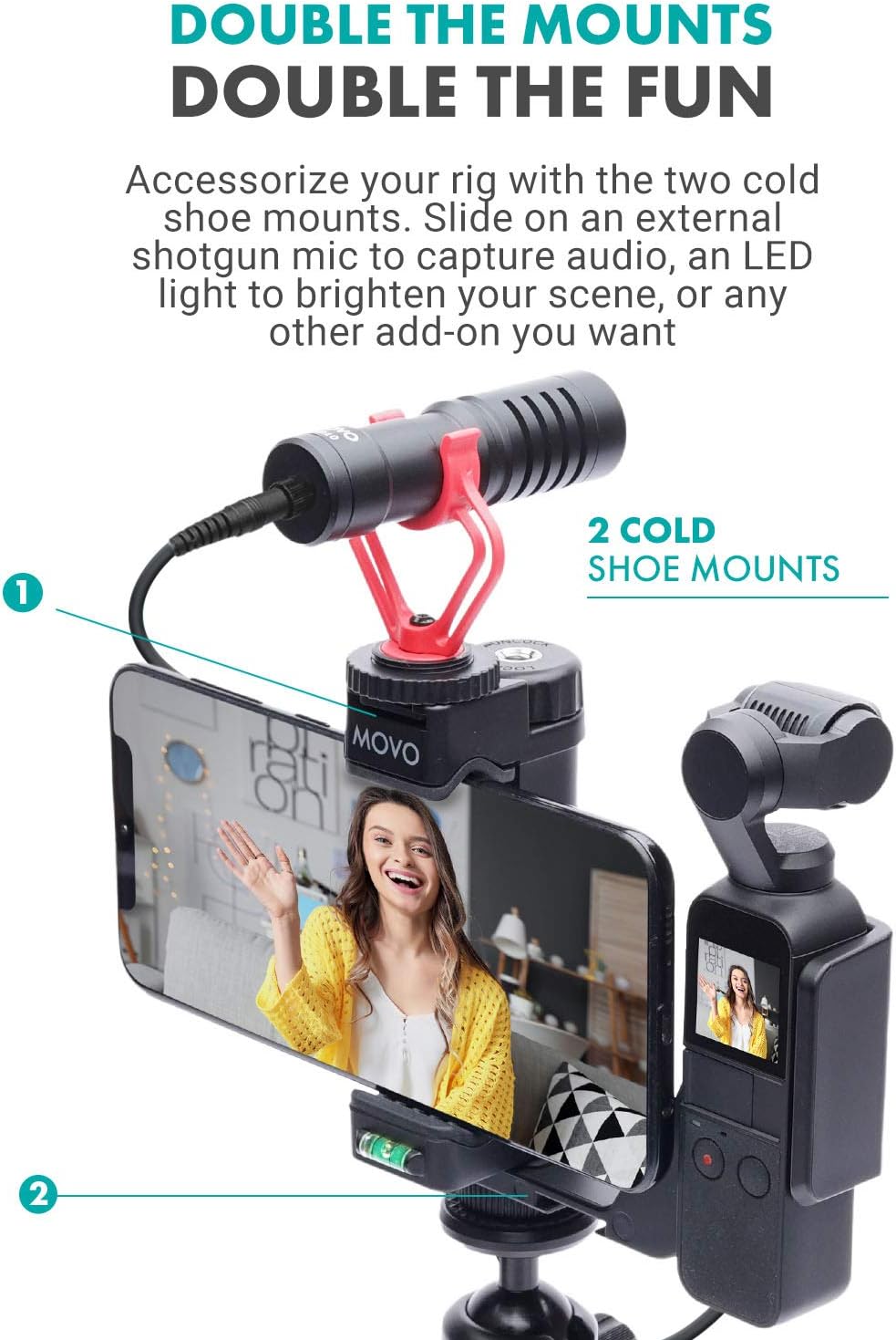 Movo OPR-50 Smartphone Video Rig Compatible with DJI OSMO Pocket 1, 2 - Includes Mount and 2X Shoe Mount for Microphone, Light, and More - Phone Stabilizer for Video Recording