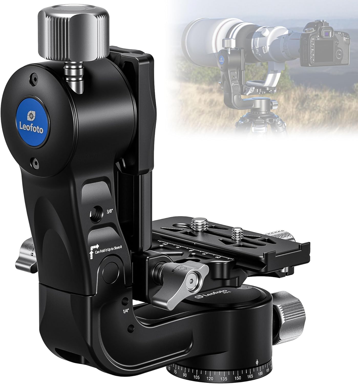 Leofoto Camera Gimbal Head, Aluminum Folding Gimbal Head with 3/8"-16 Hole and 1/4"-20 Threaded for Mounting Tripod/LED Panels/Monitors/Microphones, Max Load to 25kg/55.12lb (PG-2-Black)