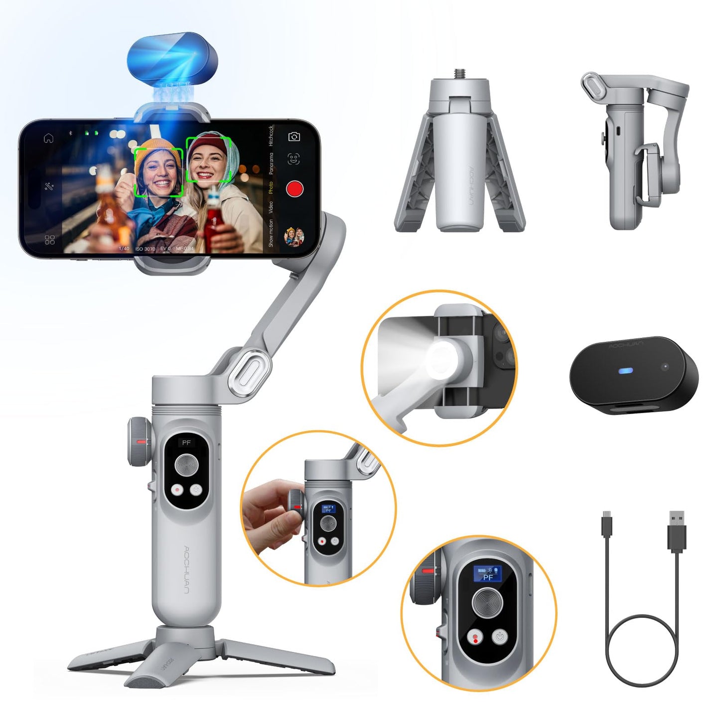 Gimbal Stabilizer for Smartphone with Wireless Charging iPhone Gimbal for iPhone 15 Pro Max/Android Foldable 3-Axis Handheld Phone Stabilizer for Video Recording Face Tracking-Smart X Pro