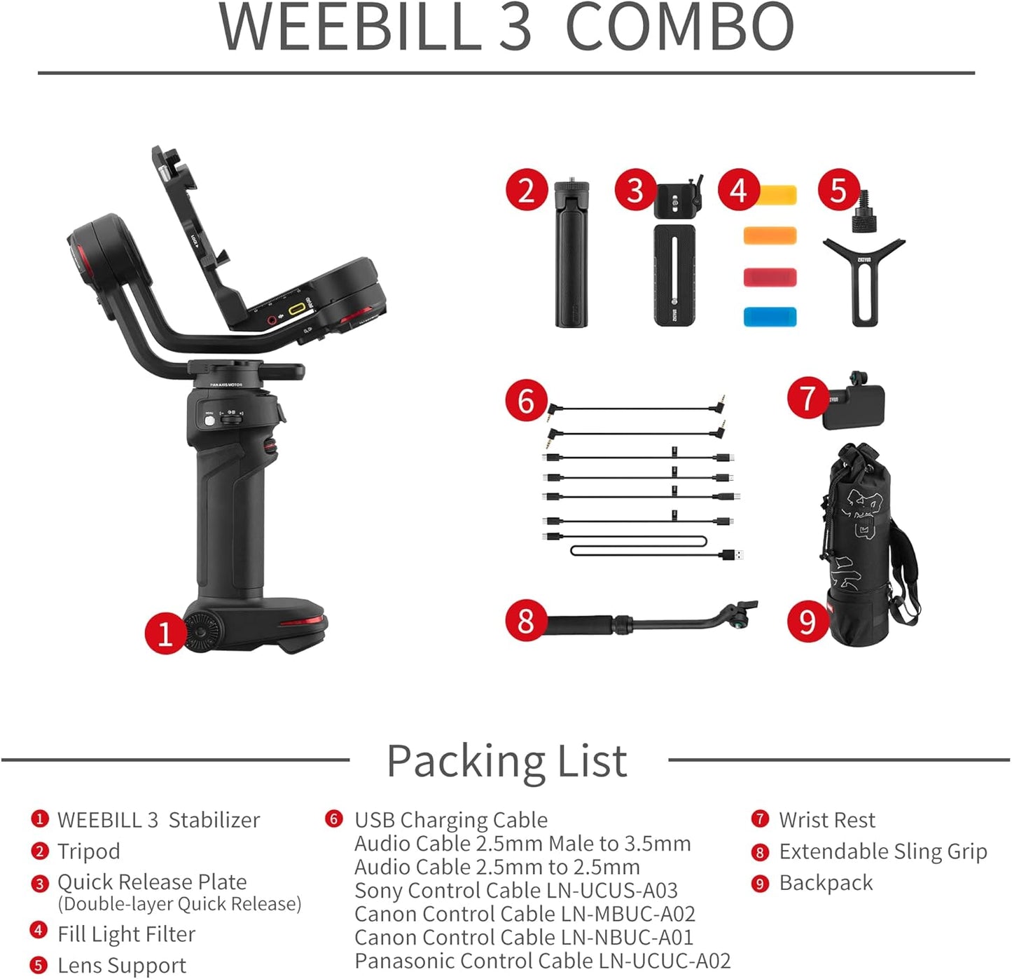 ZHIYUN Weebill 3 Combo, Gimbal Stabilizer for DSLR and Mirrorless Camera, Nikon Sony Panasonic Canon Fujifilm BMPCC 6K, Extendable Sling Grip, Wrist Rest, Fill Light & Mic Integration, PD Fast Charge