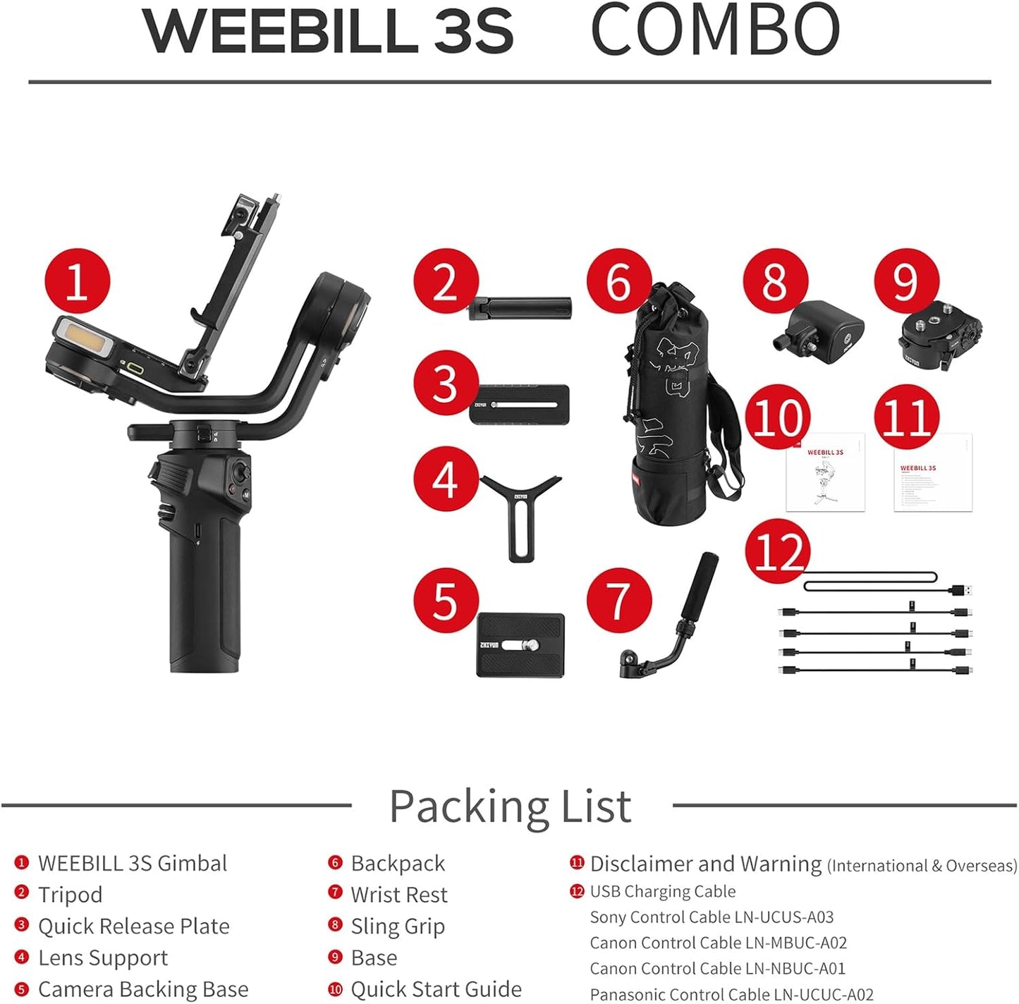 WEEBILL 3S Combo Handheld Camera 3-Axis Gimbal Stabilizer Quick Release Built-in Fill Light PD Fast Charging Battery Max. Load 3kg Replacement for Canon Sony Nikon DSLR Mirrorless Cameras