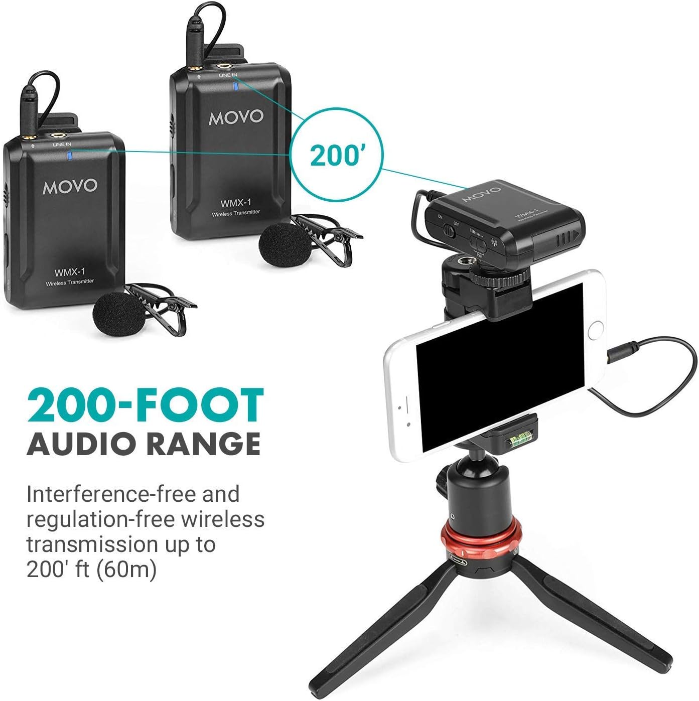 Movo WMX-1-DUO 2.4GHz Dual Wireless Lavalier Microphone System, Compatible with DSLR Cameras, Camcorders, iPhone, Android Smartphones, and Tablets, 200ft Audio Range, Great for Teaching Tutorials