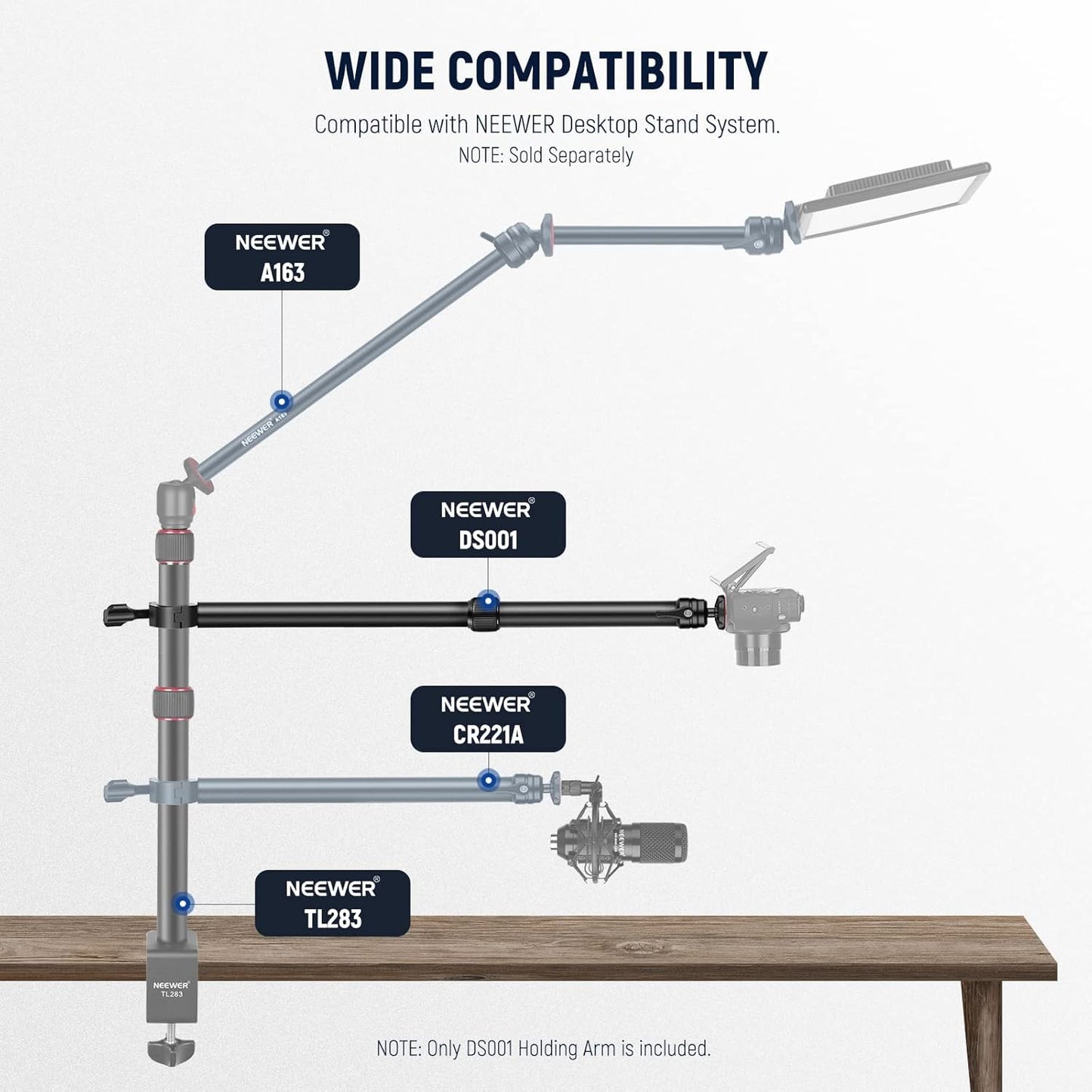 NEEWER DS001 Table Overhead Camera Mount Arm 11.8-20 inches/30-51 cm Telescopic Extension Arm for Table Stand with Ball Head Mount 1/4 Inch 3/8 Inch 5/8 Inch Screws for Webcam Camera LED Ring Light