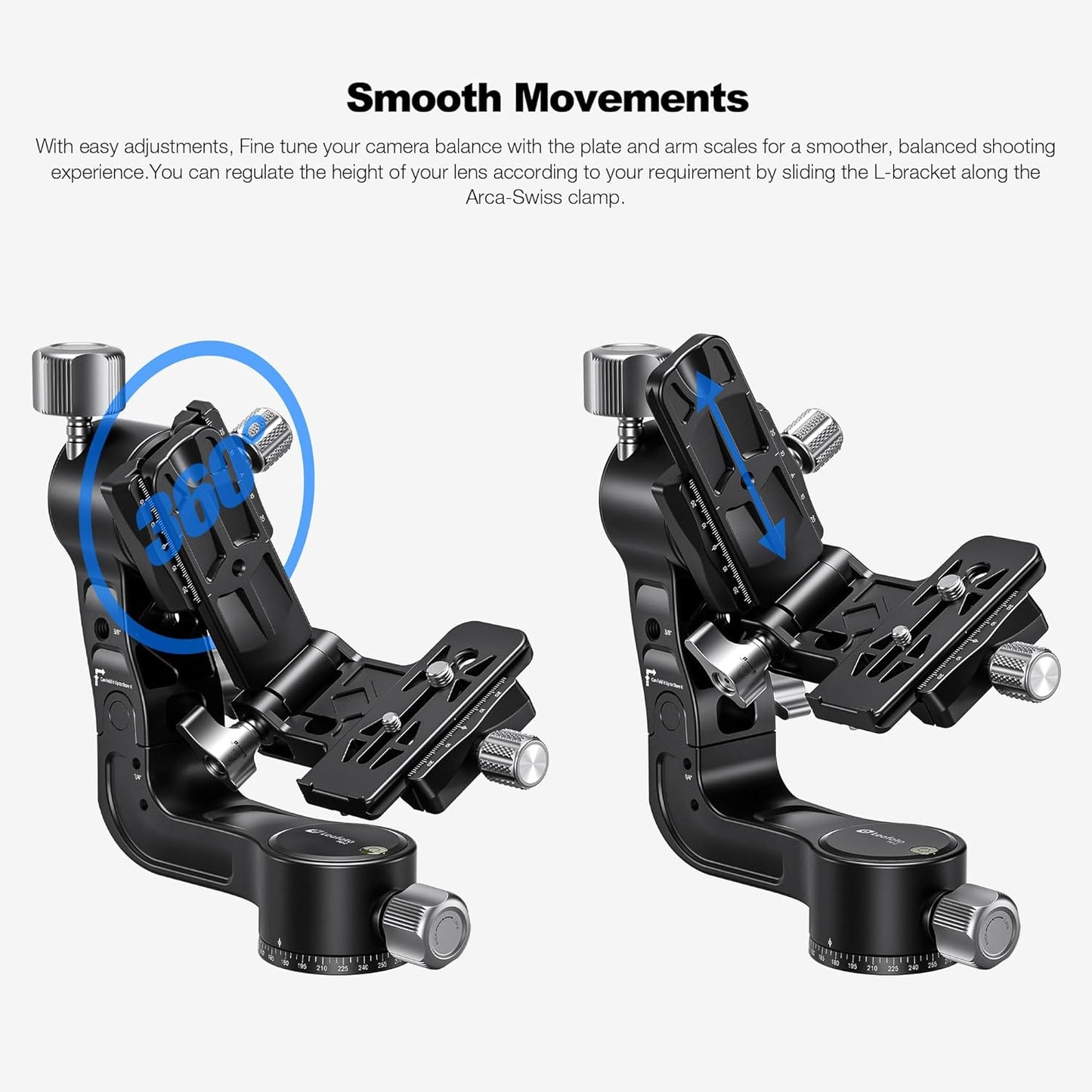 Leofoto Camera Gimbal Head, Aluminum Folding Gimbal Head with 3/8"-16 Hole and 1/4"-20 Threaded for Mounting Tripod/LED Panels/Monitors/Microphones, Max Load to 25kg/55.12lb (PG-2-Black)