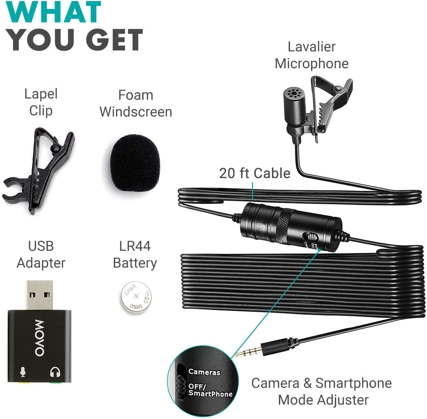 Movo LV1-USB Lavalier Microphone for Computer, Lapel Microphone for iPhone and Android Smartphones, Lav Mic, Clip on Microphone for 3.5mm, USB, Laptop, Desktop, PC, Mac, Cameras, Podcasting, YouTube