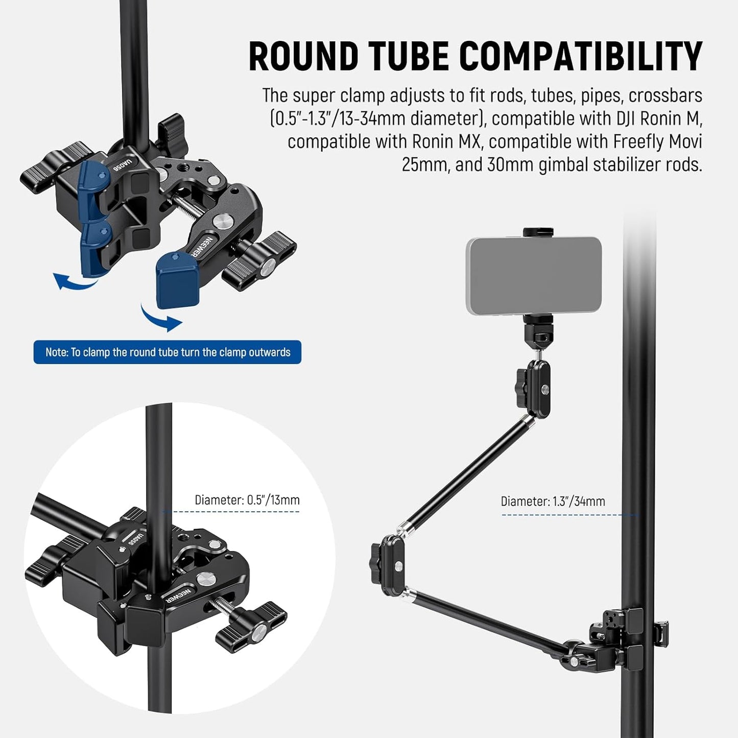 NEEWER 30" Articulating Magic Arm with Super Clamp, Overhead Camera Desk Mount with 1/4" 3/8" Threads for ARRI, Cold Shoe & Phone Holder Compatible with iPhone DSLR Action Camera Video Light, UA056