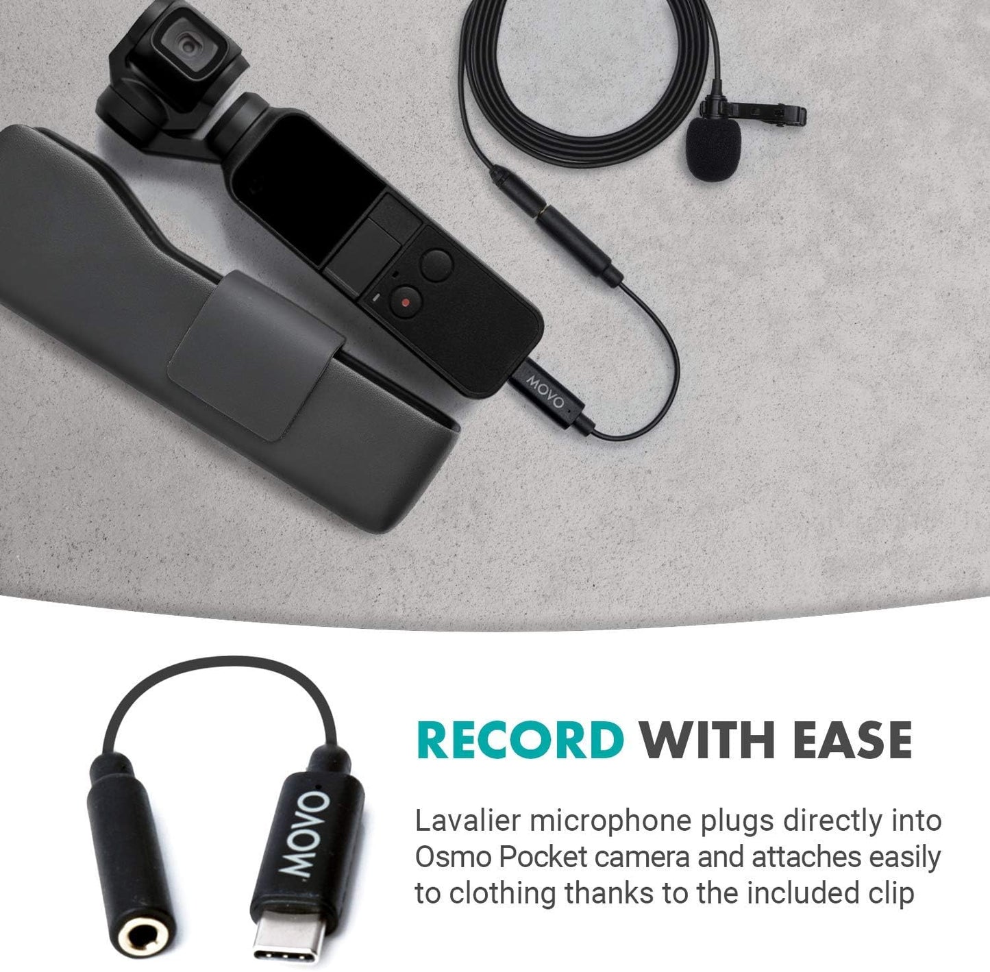 Movo Lavalier Microphone for DJI Osmo Pocket, Osmo Pocket 2 - Lavalier Handheld Camera Microphone and Adapter for DJI Pocket Camera - Works with Osmo Gimbal for Camera - For DJI Pocket 2 Gimbal Camera