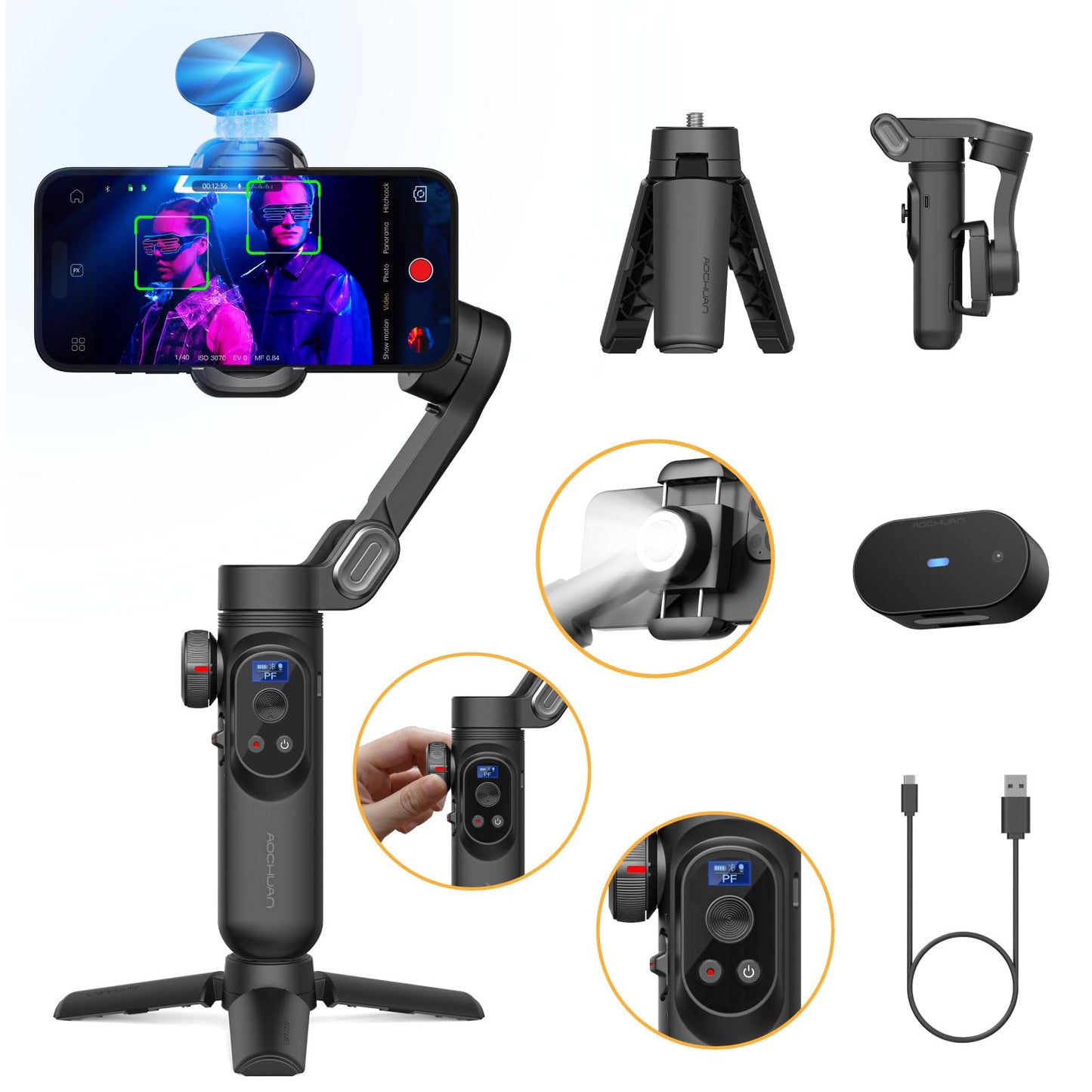Gimbal Stabilizer for Smartphone with Wireless Charging iPhone Gimbal for iPhone 15 Pro Max/Android Foldable 3-Axis Handheld Phone Stabilizer for Video Recording Face Tracking-Smart X Pro