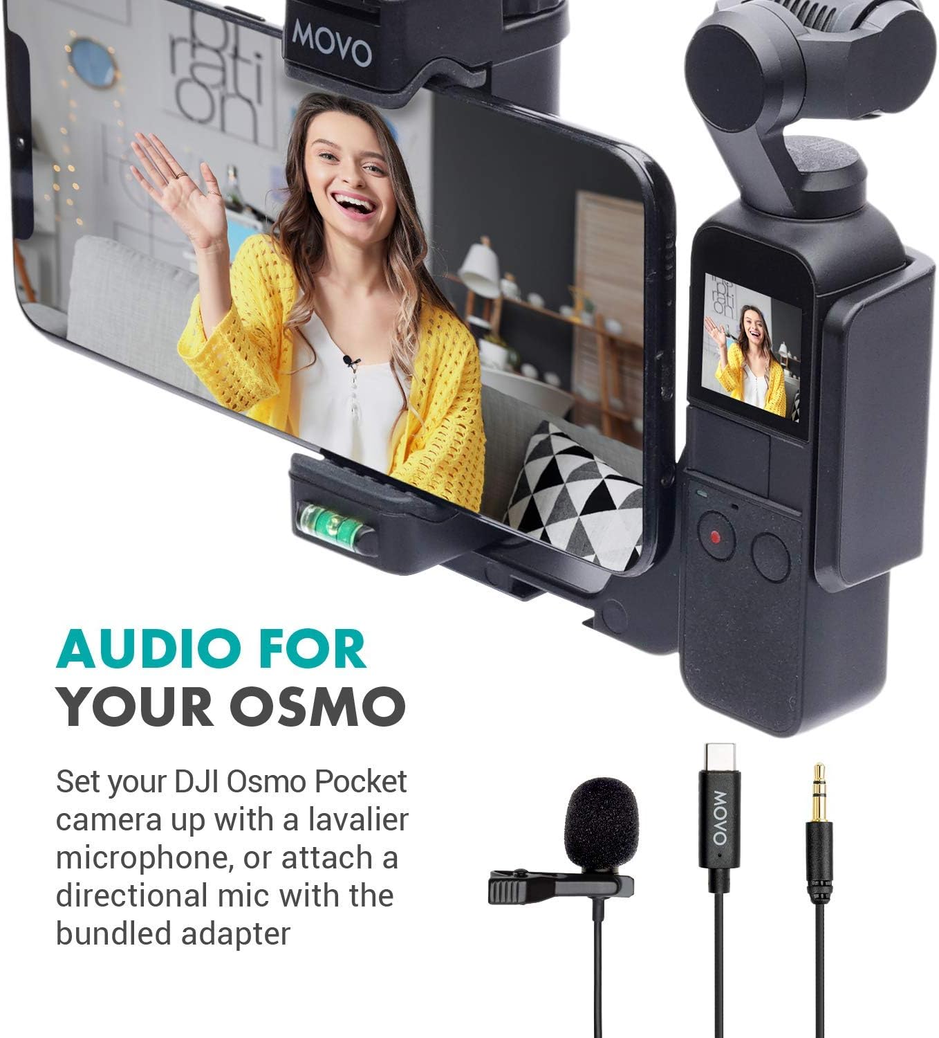 Movo Lavalier Microphone for DJI Osmo Pocket, Osmo Pocket 2 - Lavalier Handheld Camera Microphone and Adapter for DJI Pocket Camera - Works with Osmo Gimbal for Camera - For DJI Pocket 2 Gimbal Camera