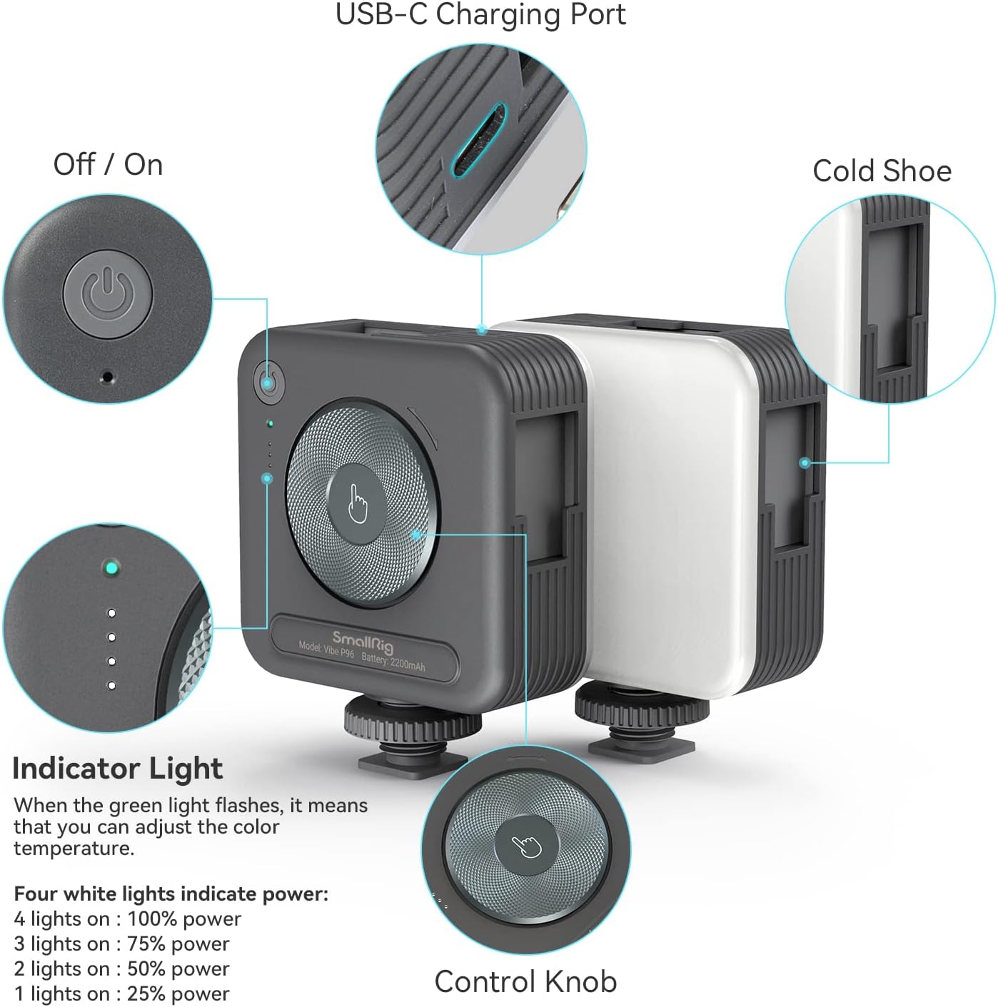 SmallRig P96 LED Video Light, Portable Camera Lights, 96 LED Beads for Photography Video Lighting, Rechargeable 2200mAh CRI 95+ 2700-6500K w 3 Cold Shoe