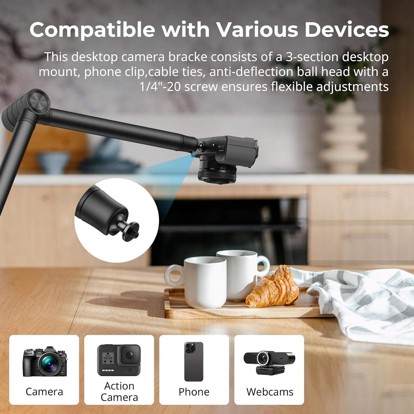 SMALLRIG Overhead 3-Section Desktop Camera Bracket, Damping Boom Arm Desk Mount with 360 Rotatable Ball Head, Tabletop C Clamp, Max Load to 4.4lbs / 2kg for Photography Videography Live Stream
