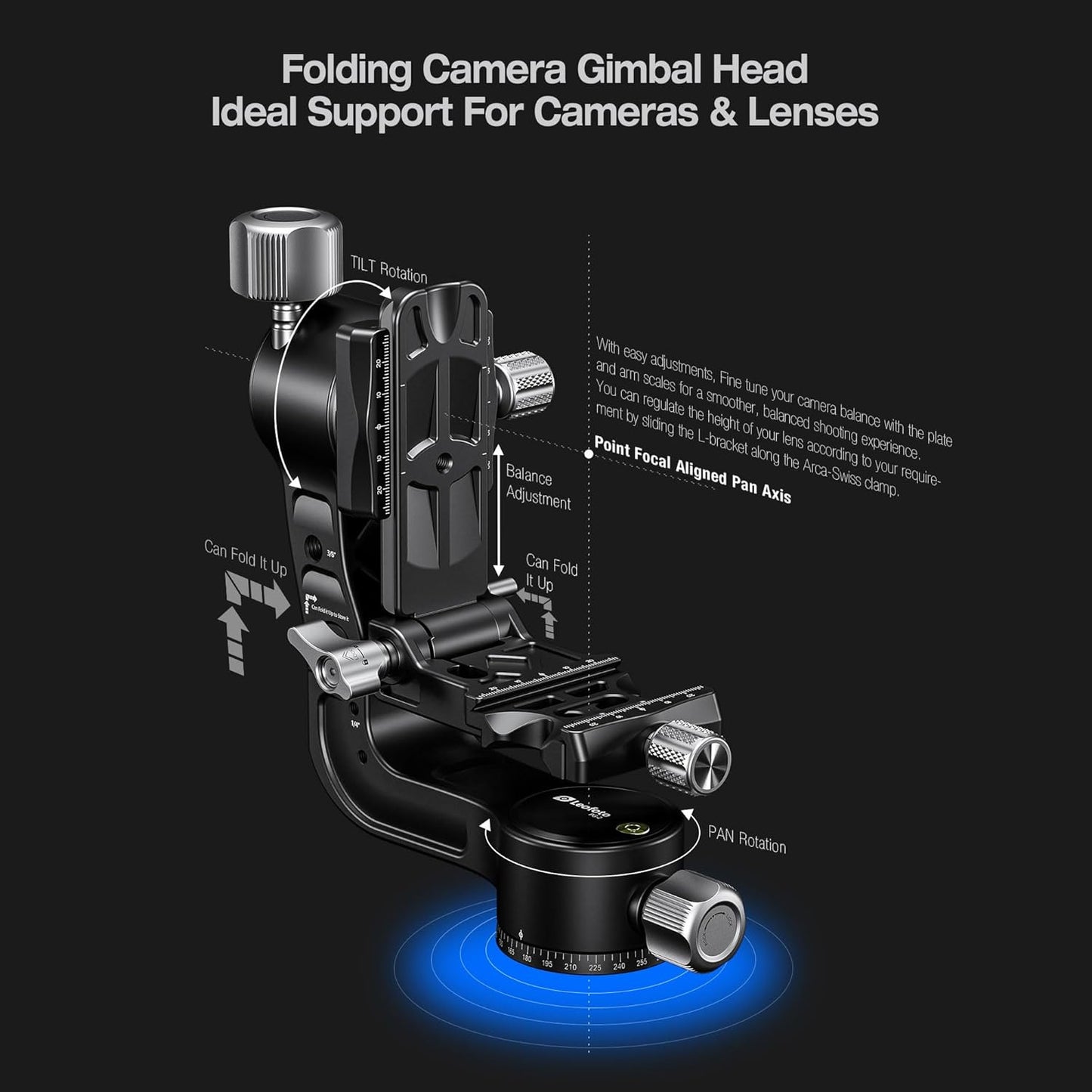 Leofoto Camera Gimbal Head, Aluminum Folding Gimbal Head with 3/8"-16 Hole and 1/4"-20 Threaded for Mounting Tripod/LED Panels/Monitors/Microphones, Max Load to 25kg/55.12lb (PG-2-Black)