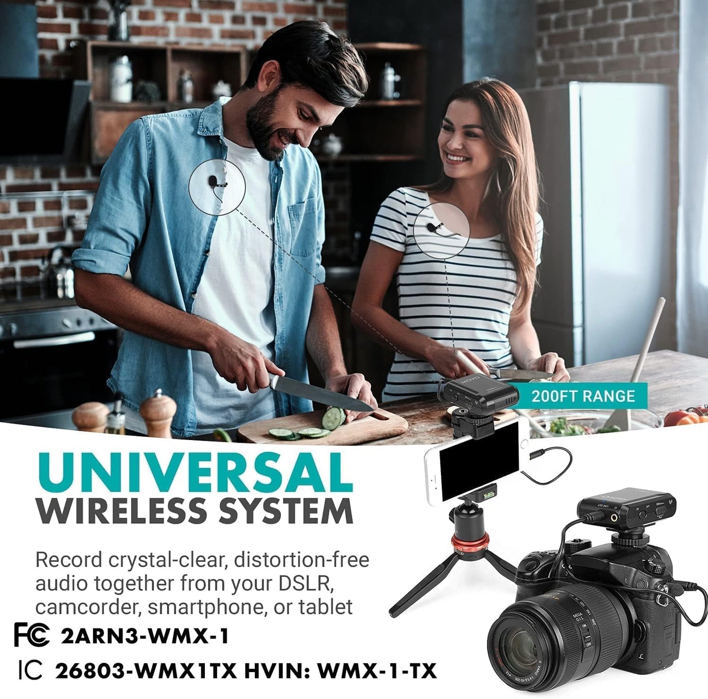 Movo WMX-1-DUO 2.4GHz Dual Wireless Lavalier Microphone System, Compatible with DSLR Cameras, Camcorders, iPhone, Android Smartphones, and Tablets, 200ft Audio Range, Great for Teaching Tutorials